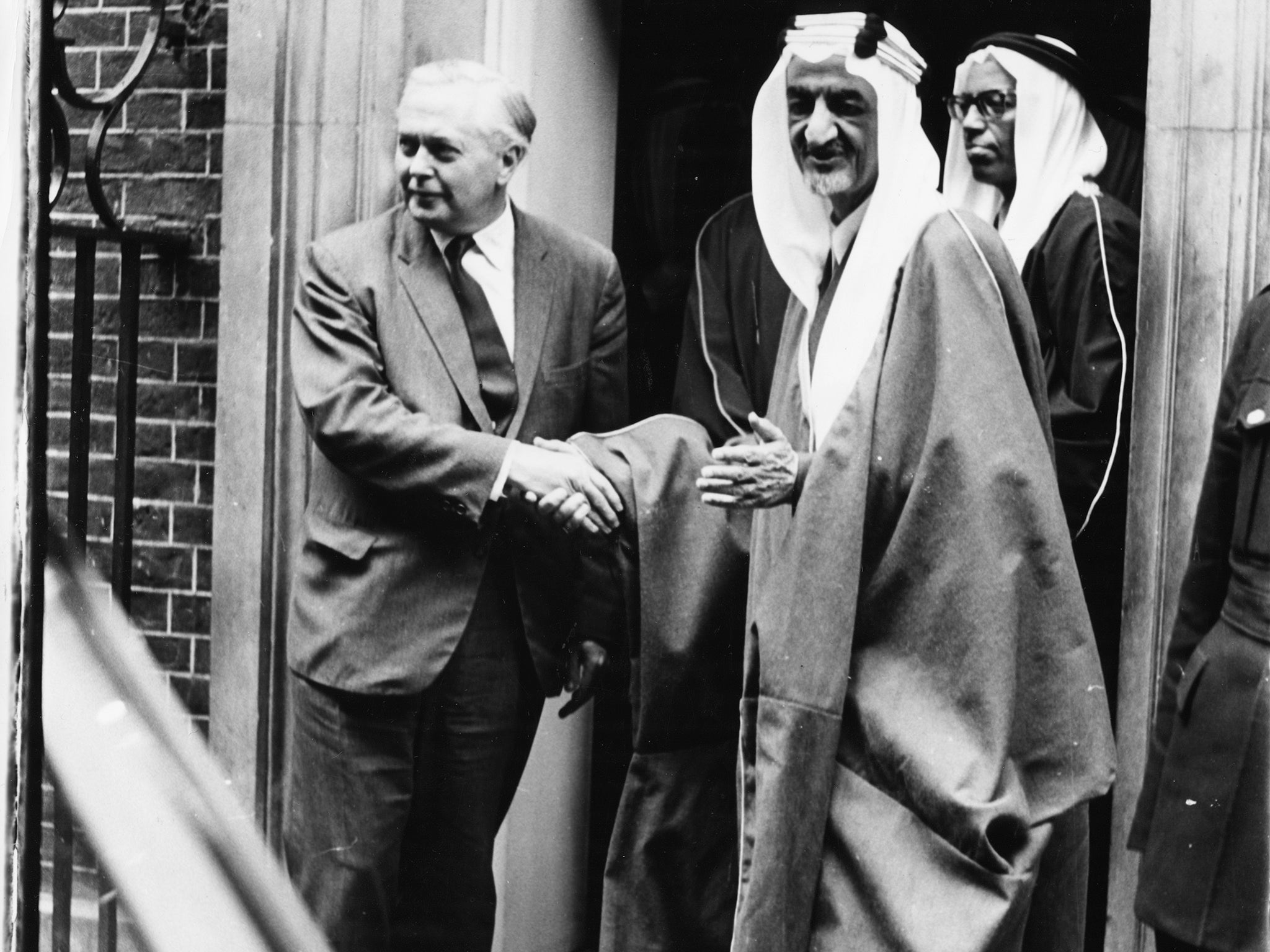 British Prime Minister Harold Wilson (left) shaking hands with King Faisal of Saudi Arabia, outside 10 Downing Street, London, May 23rd 1967