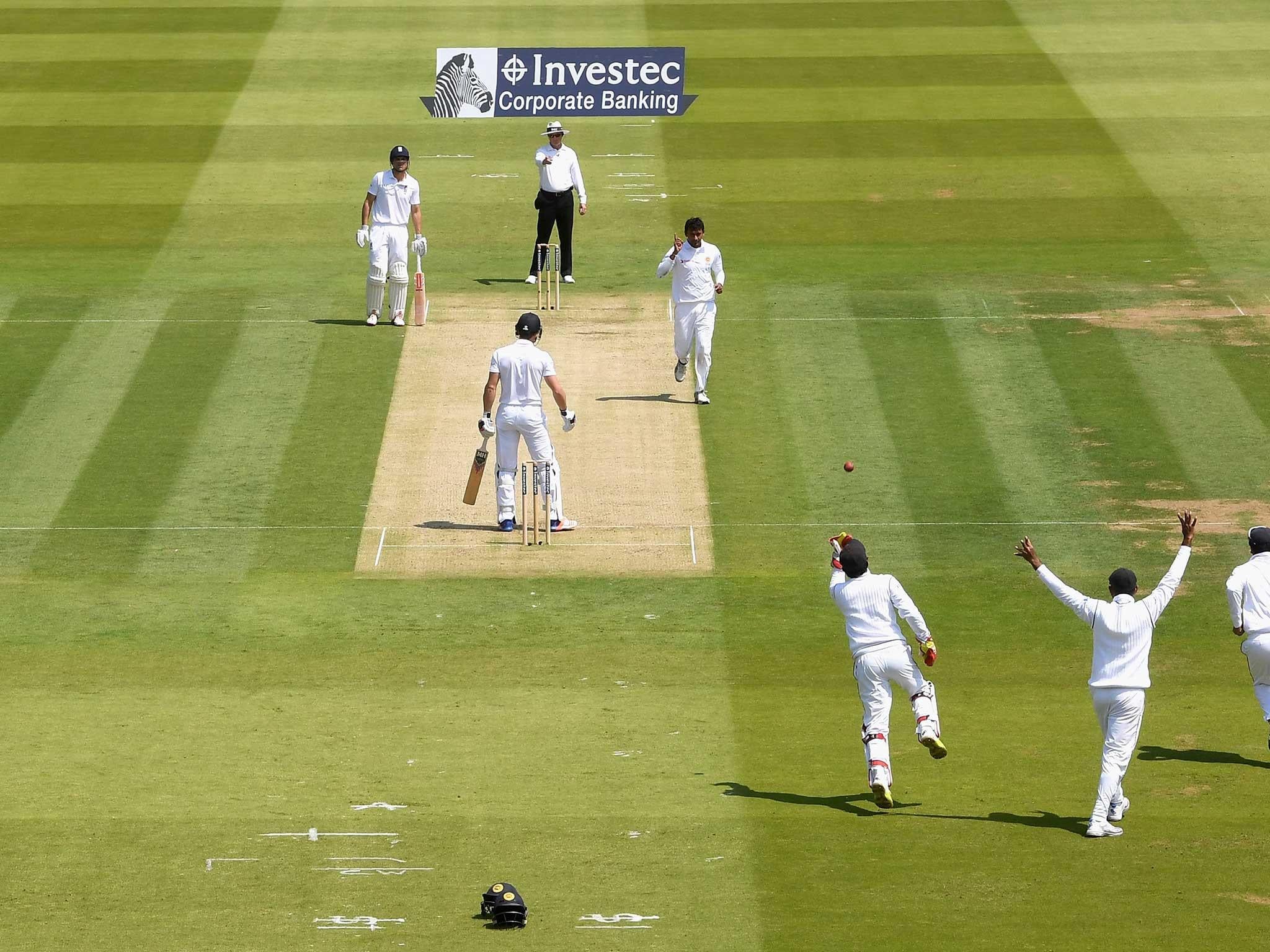 Compton edges a speculative drive off Suranga Lakmal to the wicket-keeper Dinesh Chandimal