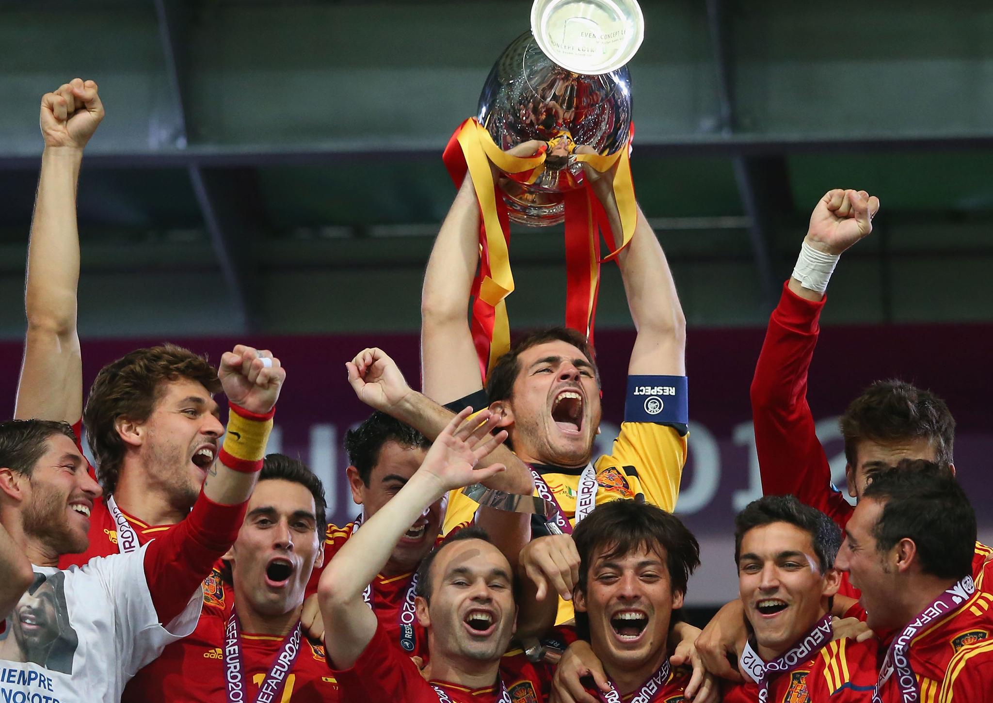Spanish captain Iker Casillas lifts the trophy after victory during the UEFA EURO 2012 final match between Spain and Italy at the Olympic Stadium on July 1, 2012 in Kiev, Ukraine.