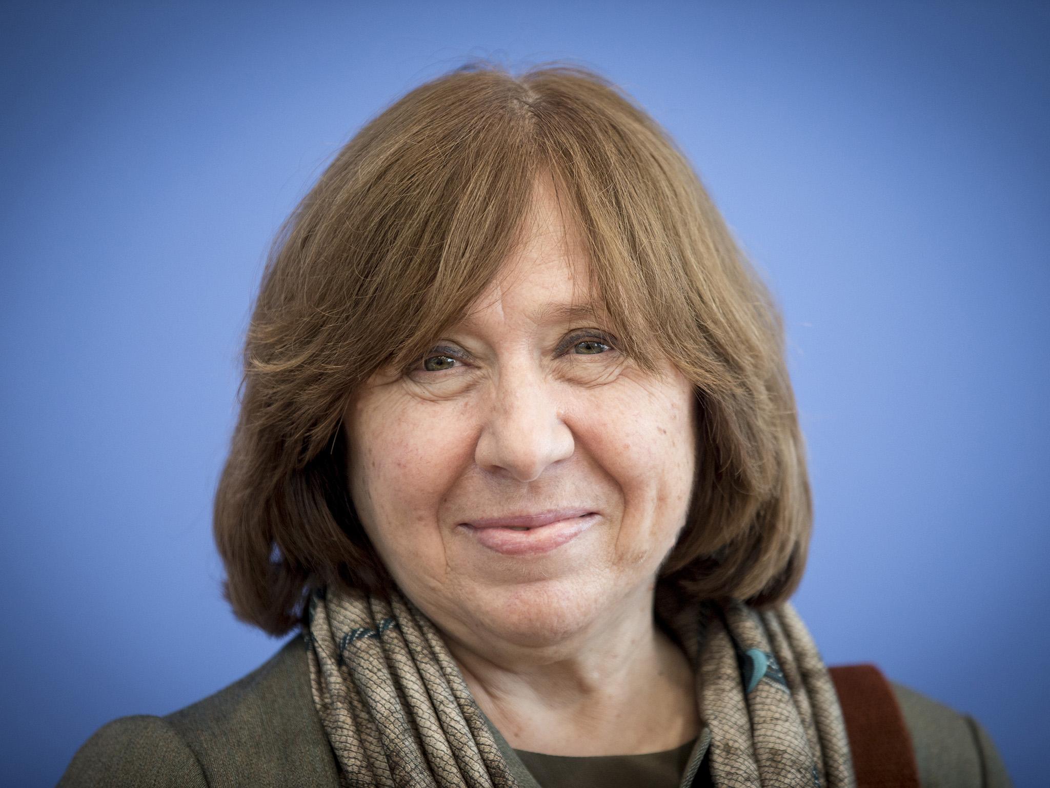 Svetlana Alexievich arrives at a press conference two days after winning the 2015 Nobel Prize