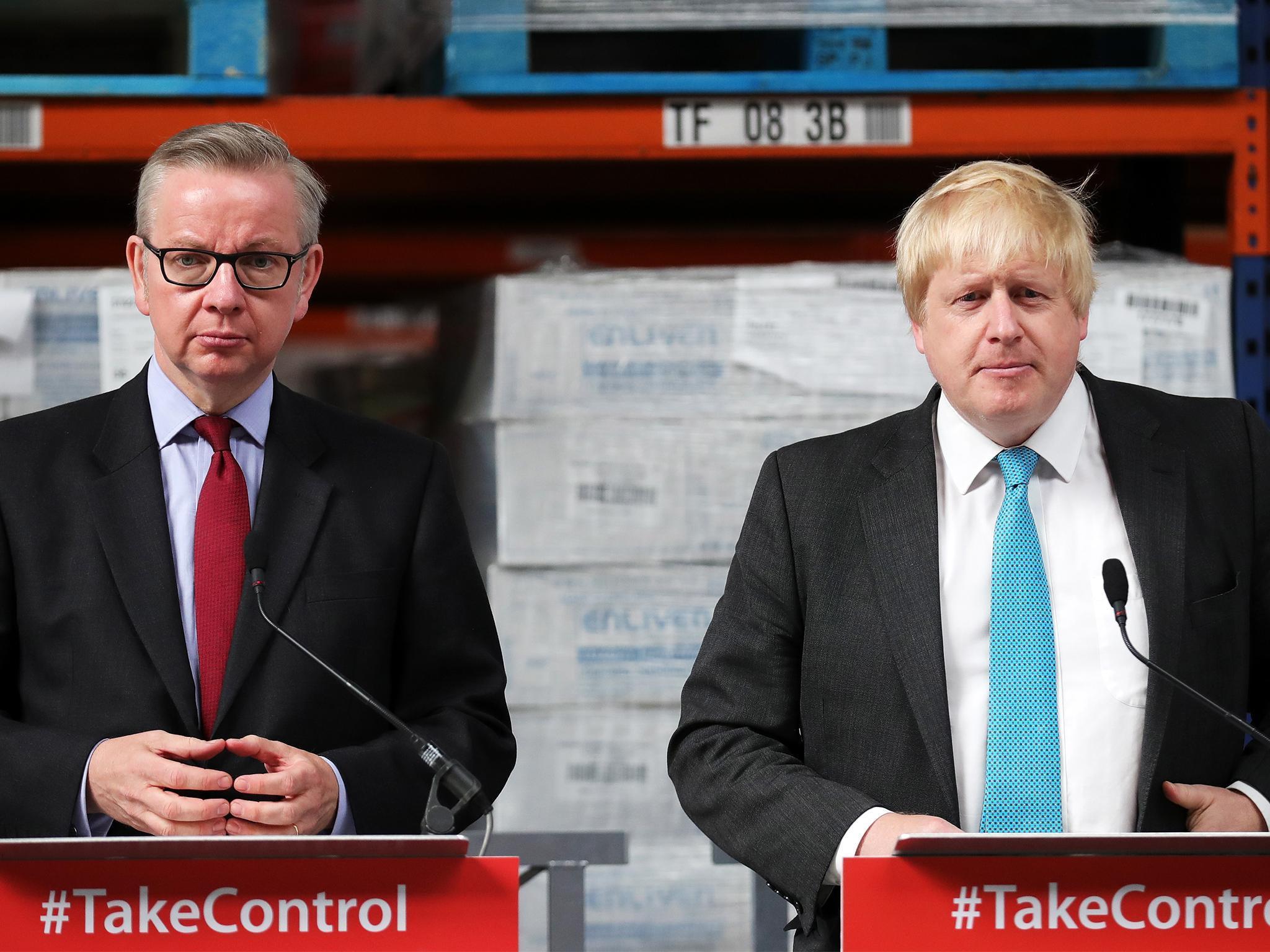 Boris Johnson and Michael Gove address workers during a Vote Leave campaign visit to DCS Manufacturing Group on June 6, 20016 in Stratford-Upon-Avon, England