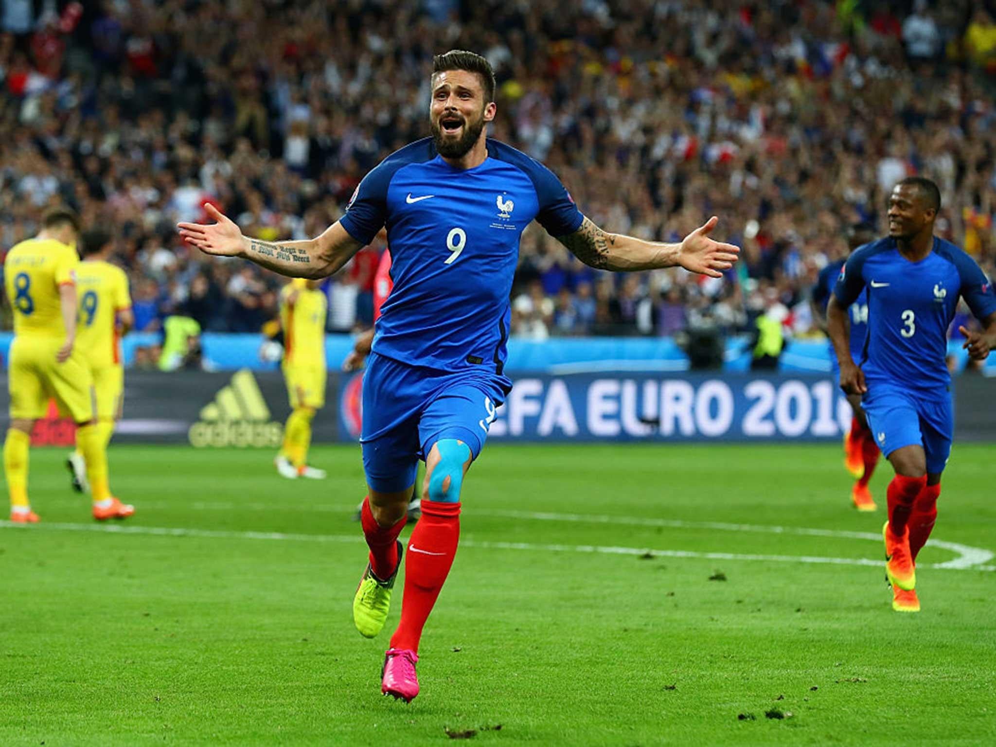 &#13;
Olivier Giroud celebrates scoring France's first goal of Euro 2016 &#13;