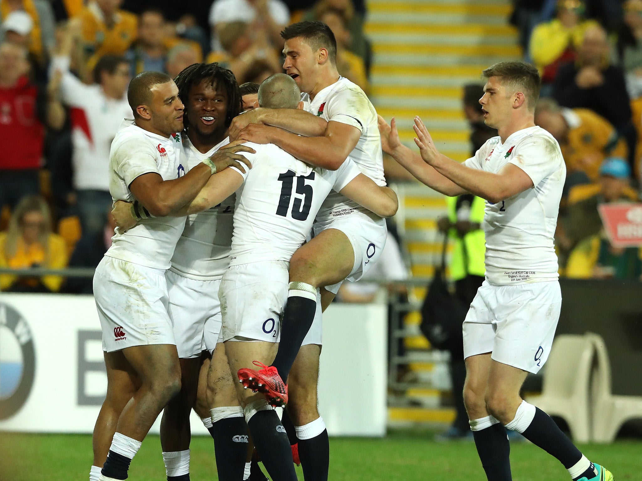 England celebrate after Marland Yarde scores a second try against Australia