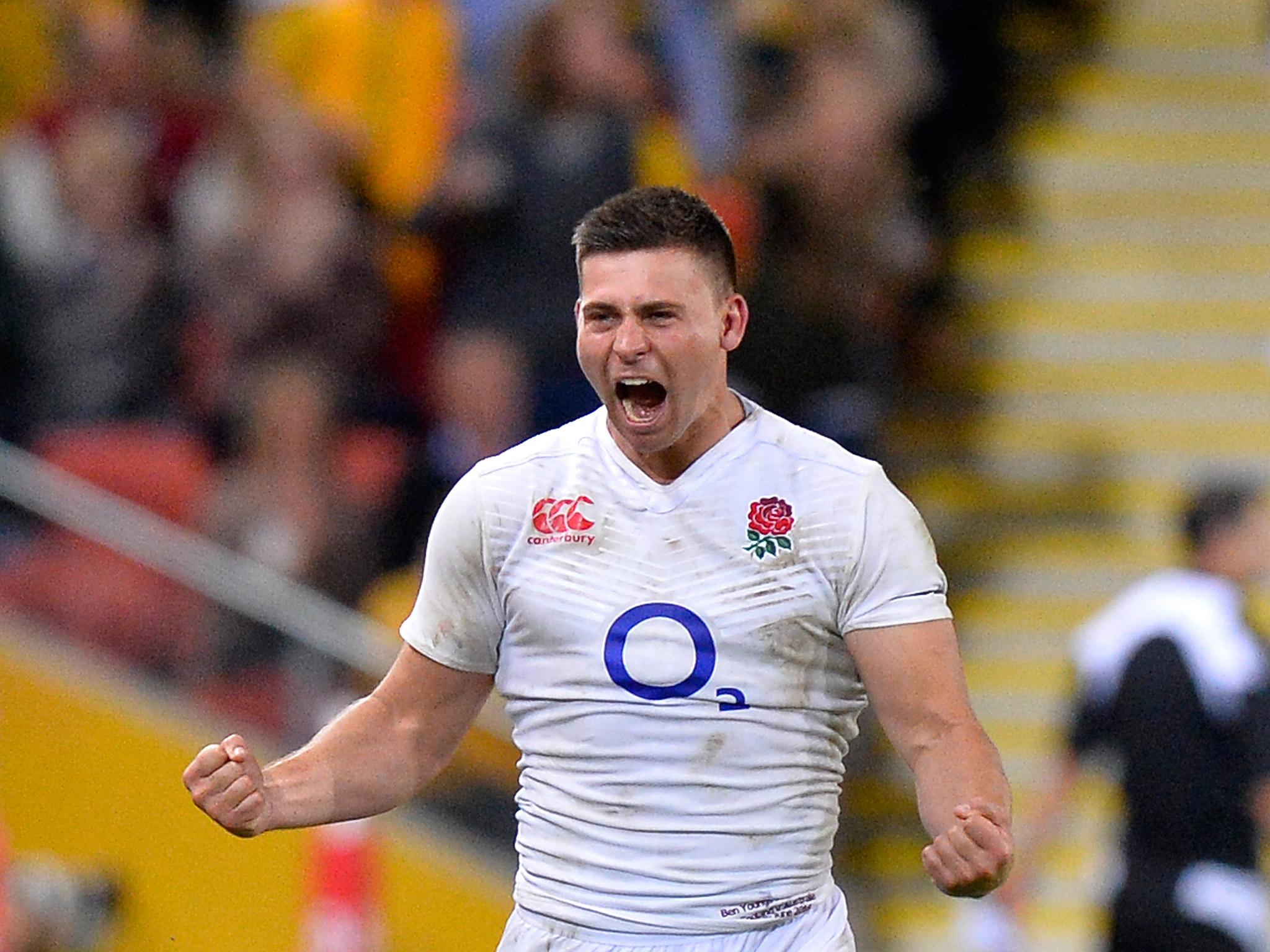 Ben Youngs screams in celebration after England beat Australia in the first Test