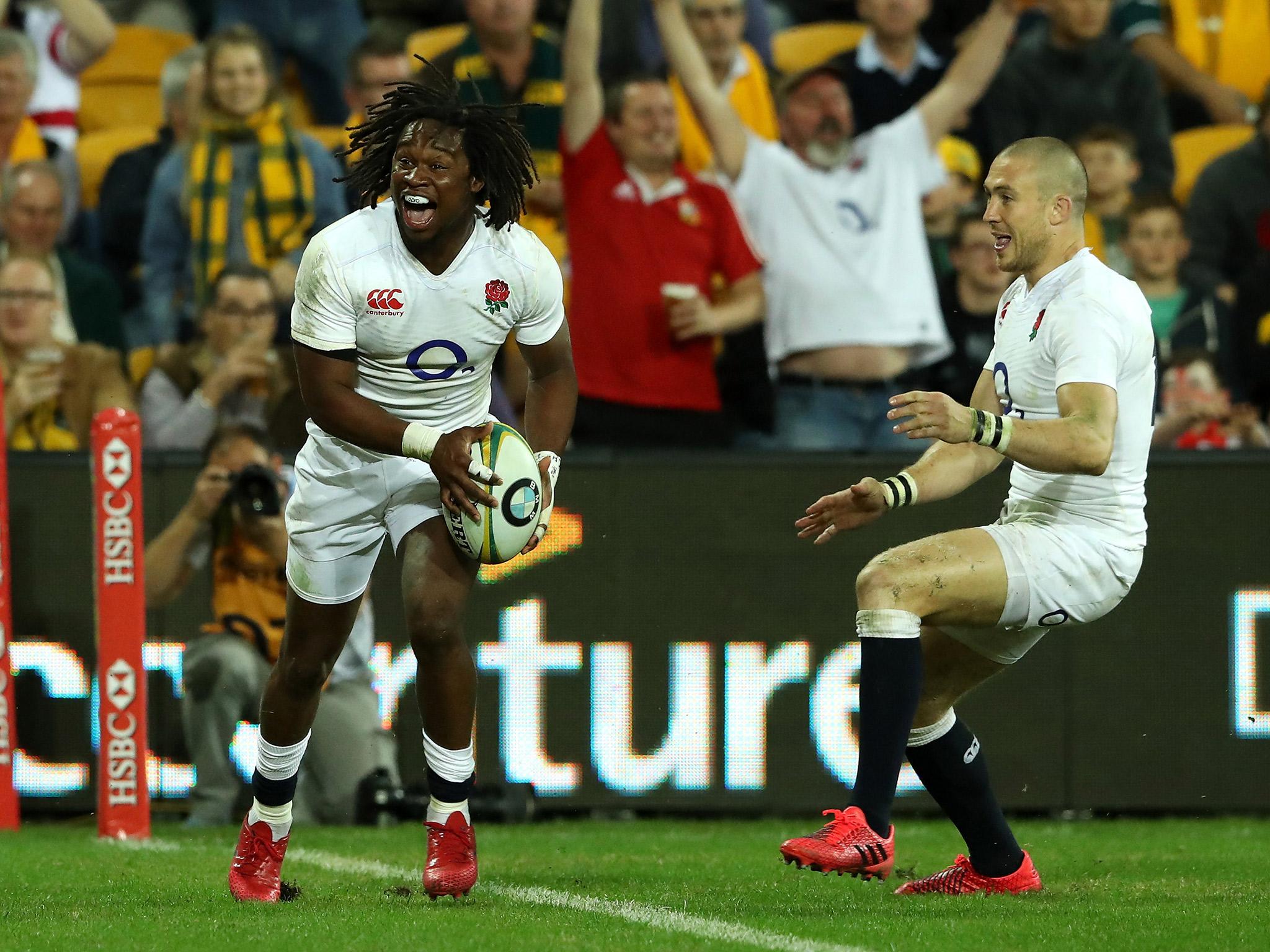 Marland Yarde celebrates after scoring for England (Getty)