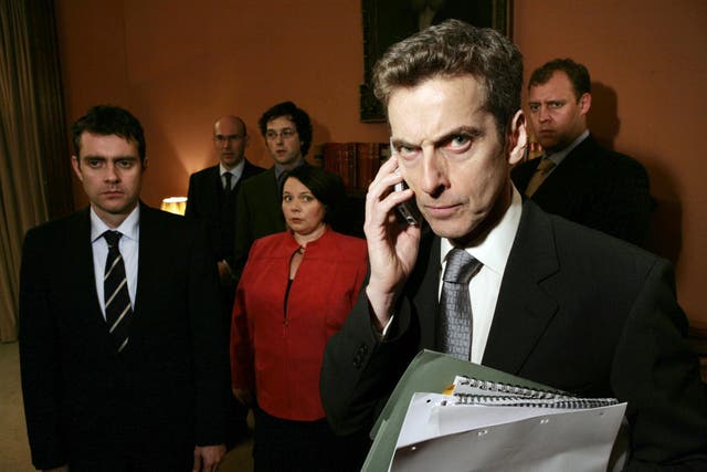 Peter Capaldi and the cast in Iannucci’s brilliant political sitcom ‘The Thick of It’