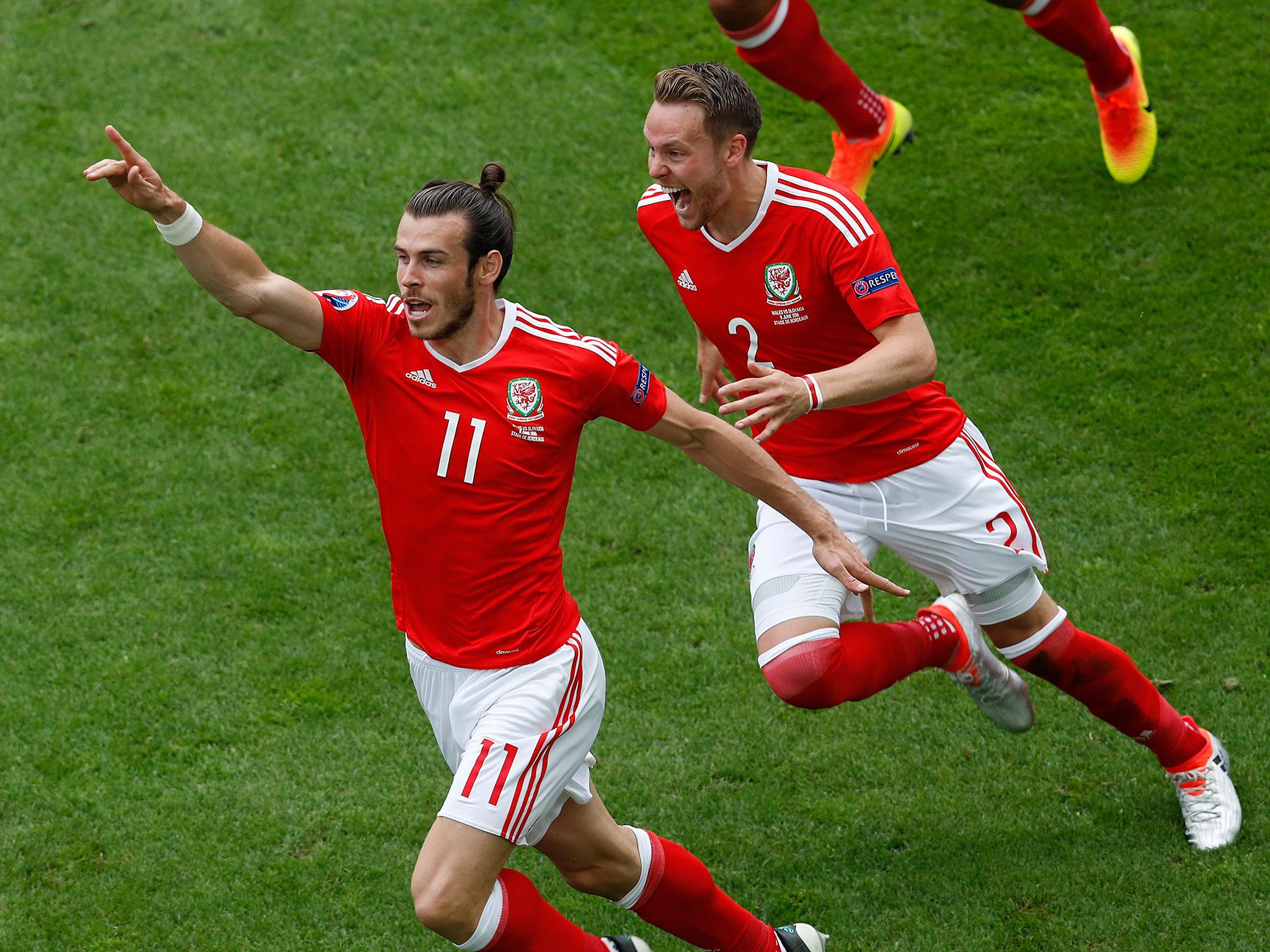 Gareth Bale celebrates after opening the scoring for Wales against Slovakia