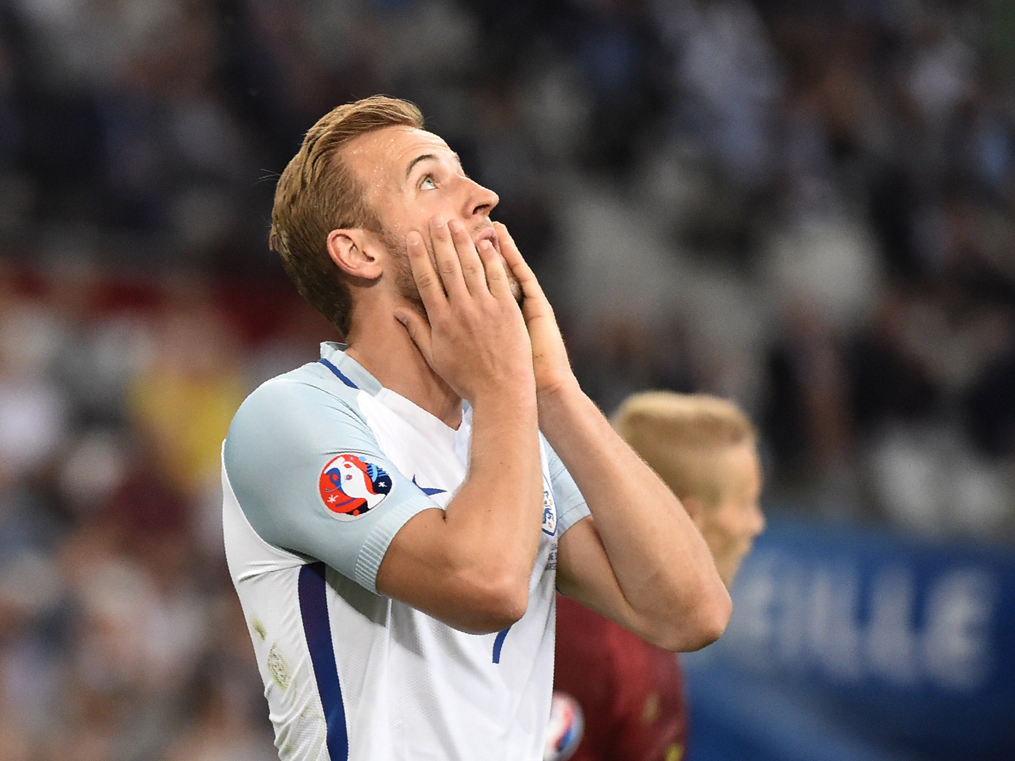 Harry Kane reacts after missing a chance for England against Russia