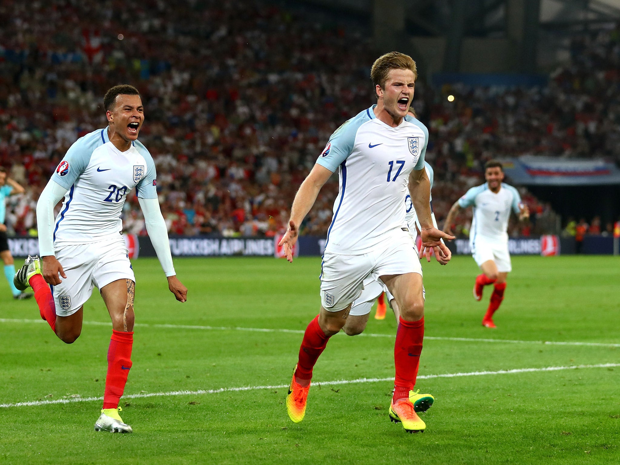 Eric Dier celebrates after putting England ahead against Russia