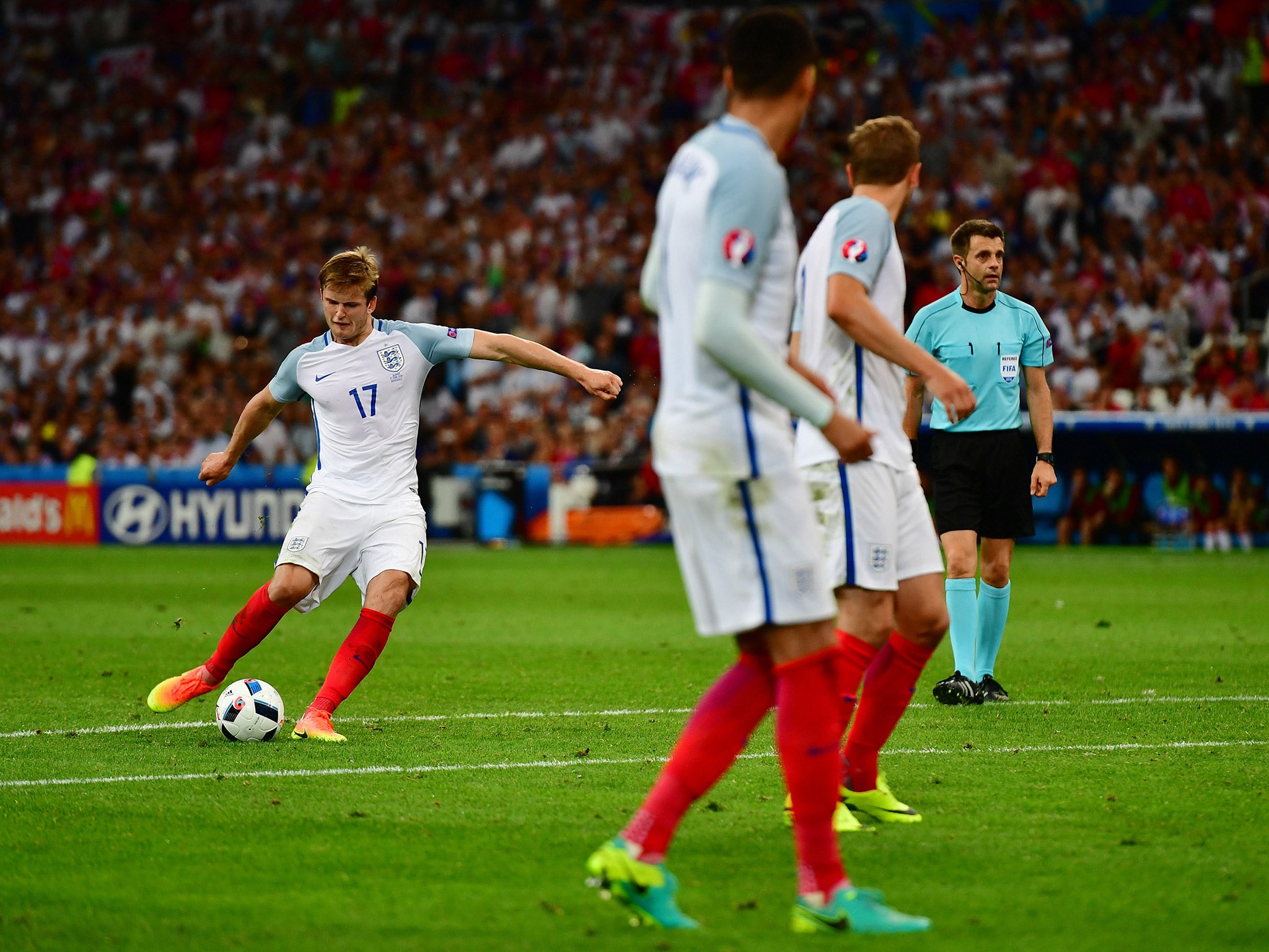 Eric Dier strikes a free-kick to give England the lead against Russia