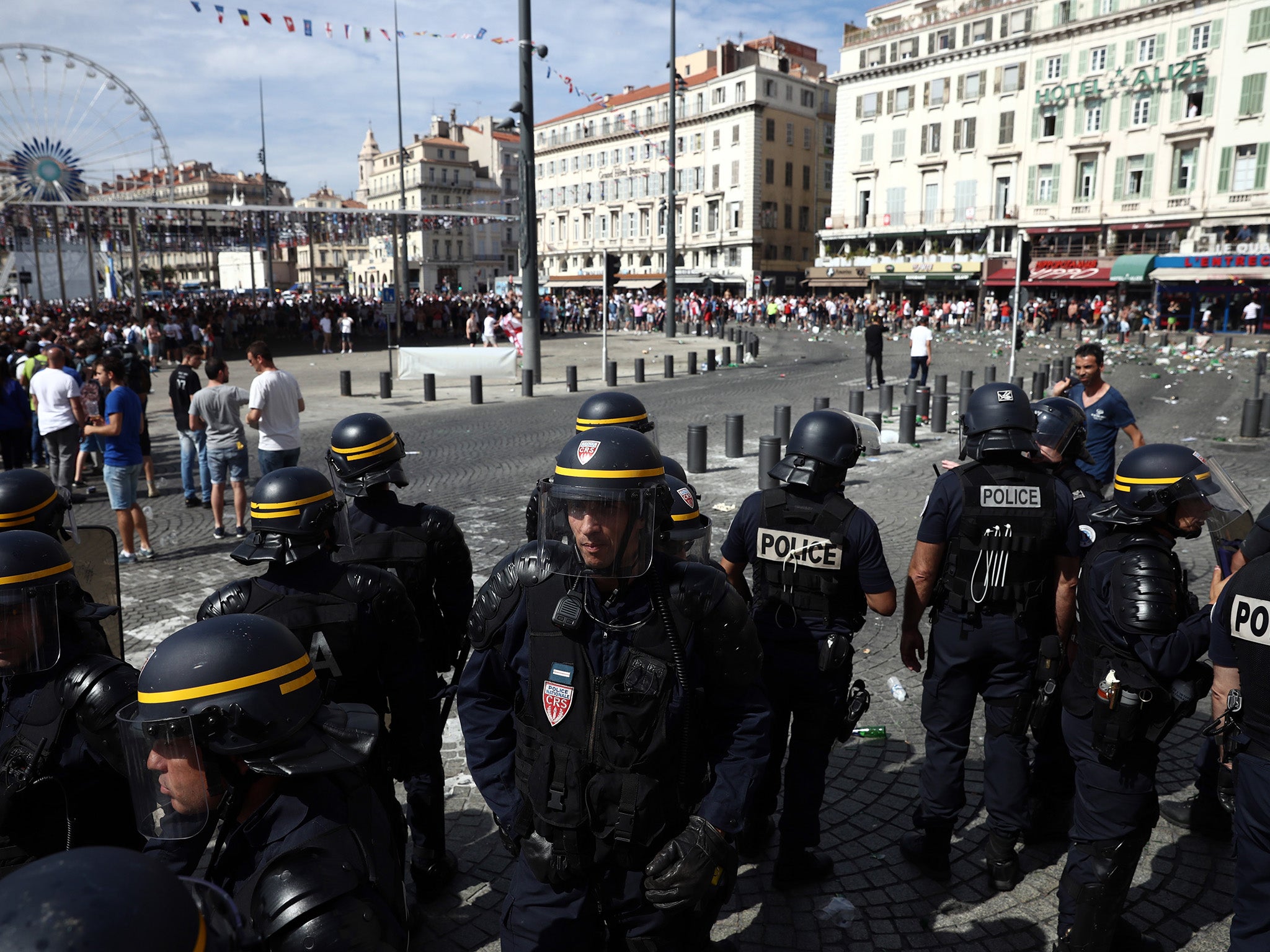 England fans clash with police ahead of the game against Russia