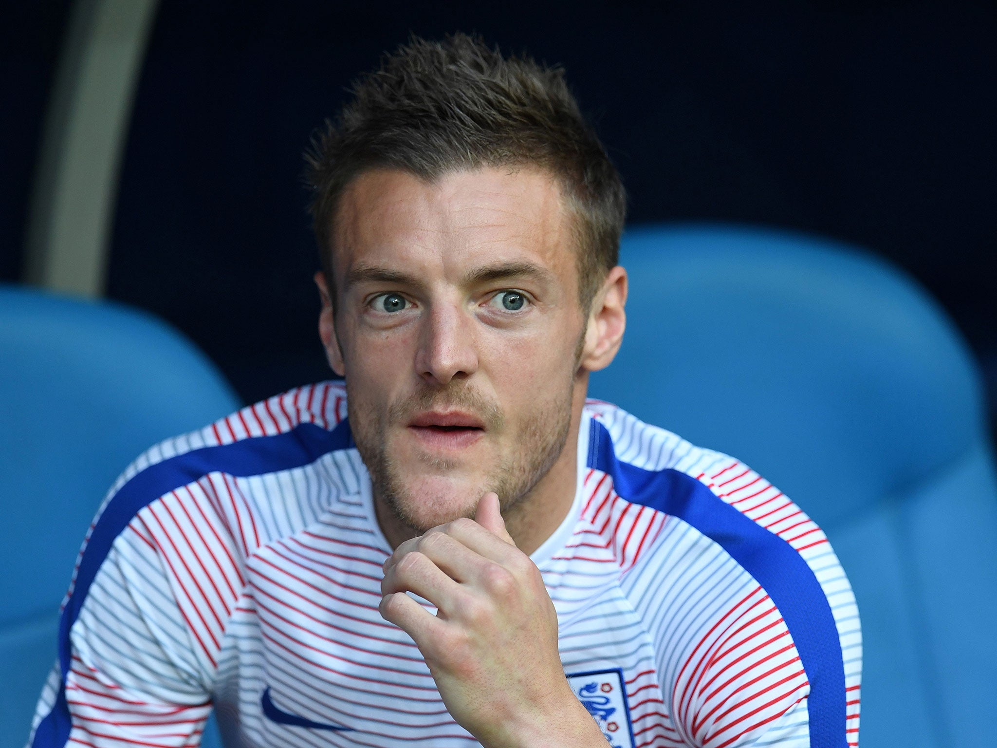 Jamie Vardy looks on from the bench during England's draw with Russia