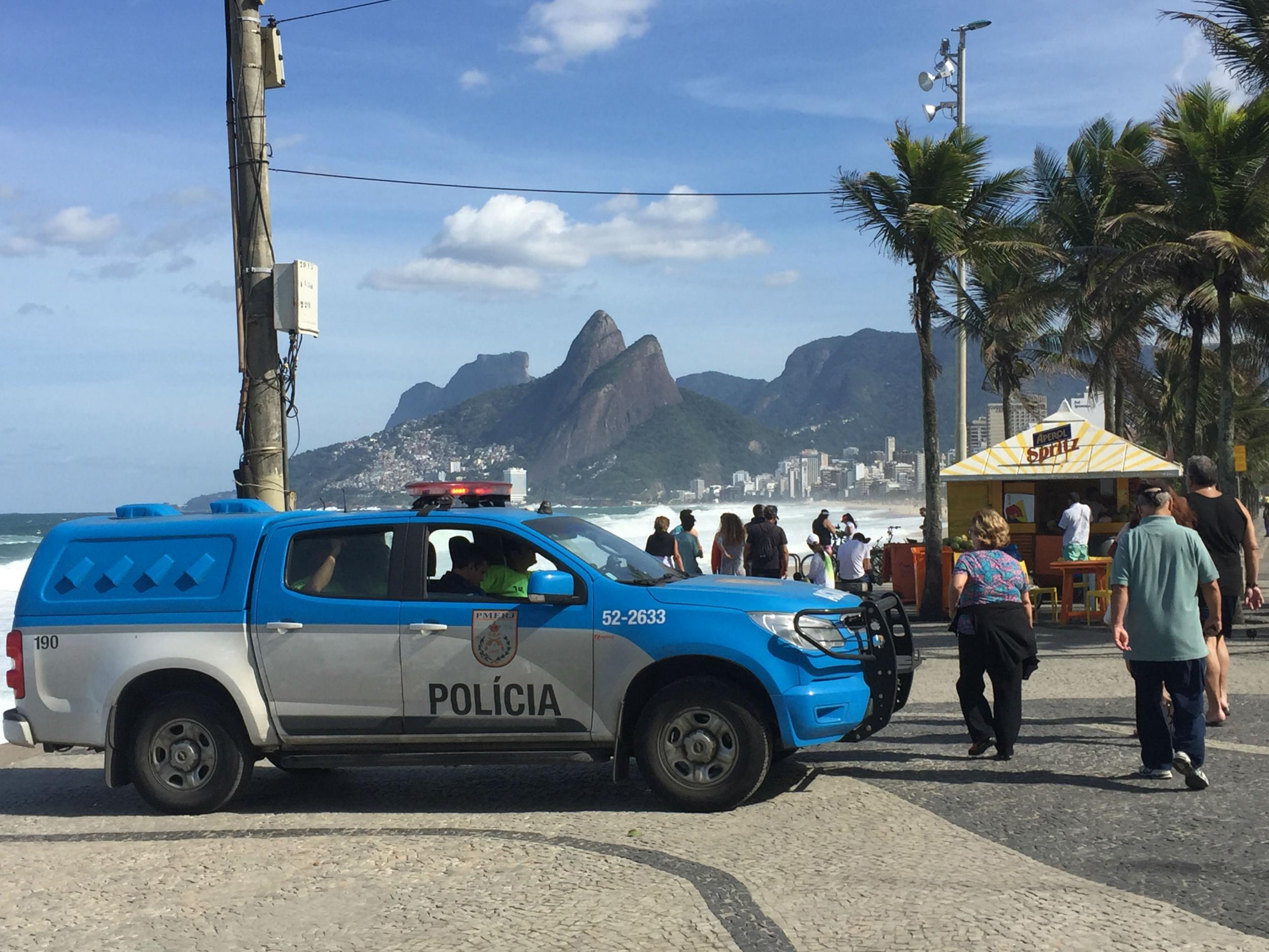 Police patrol Ipanema Beach ahead of the Games