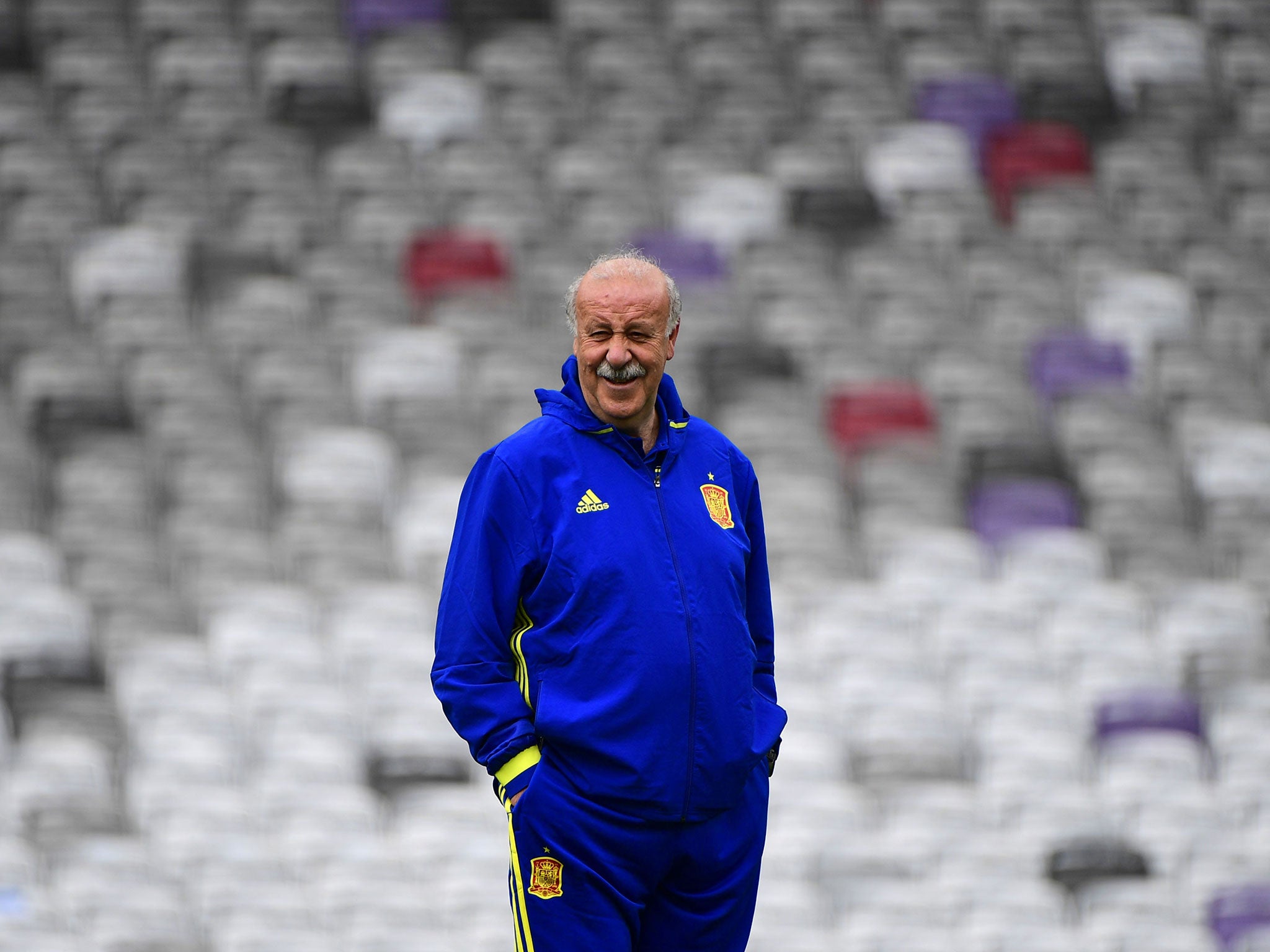 Vicente del Bosque looks on ahead of Spain's opening match of the tournament