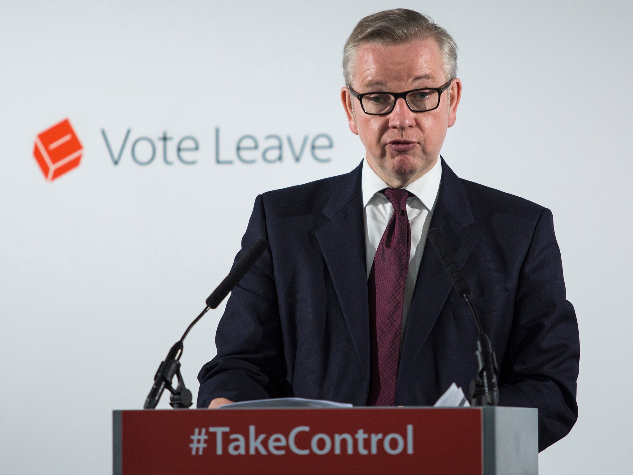 Michael Gove gives a speech at the Vote Leave campaign headquarters in Westminster on June 8