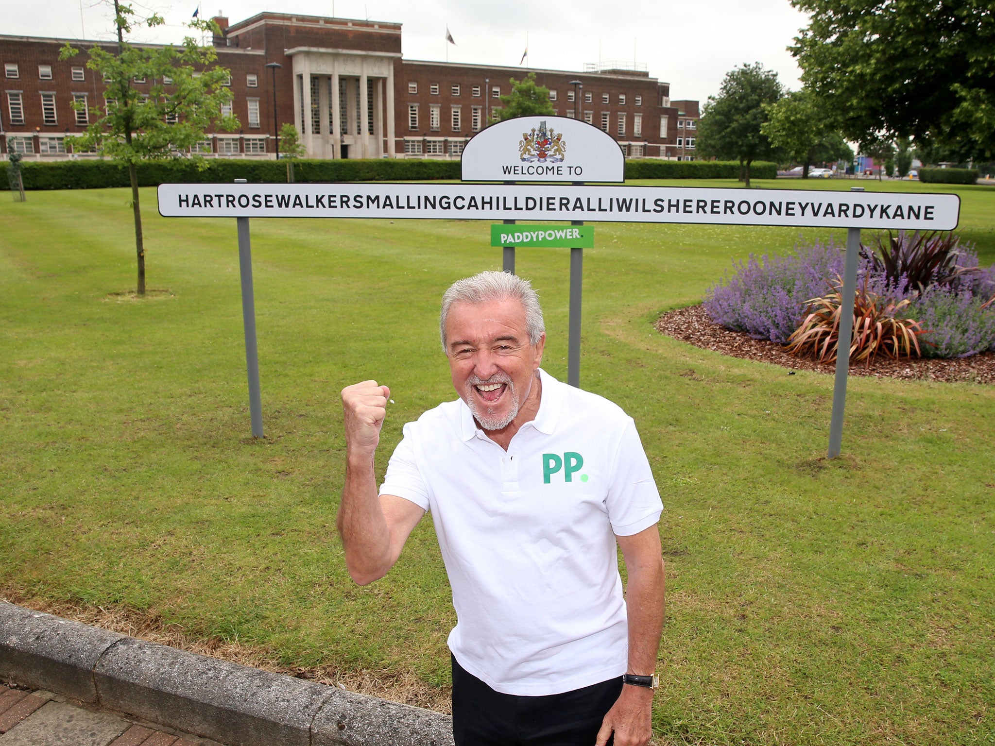 Terry Venables poses next to a sign renaming Dagenham to HartRoseWalkerSmallingCahillDierAlliWilshereRooneyVardyKane - one character longer than the longest place name in Wales - Llanfair­pwllgwyngyll­gogery­chwyrn­drobwll­llan­tysilio­gogo­goch. Bookmaker Paddy Power renamed the borough after Roy Hodgson's England team to deal Wales a blow ahead of the match on Thursday