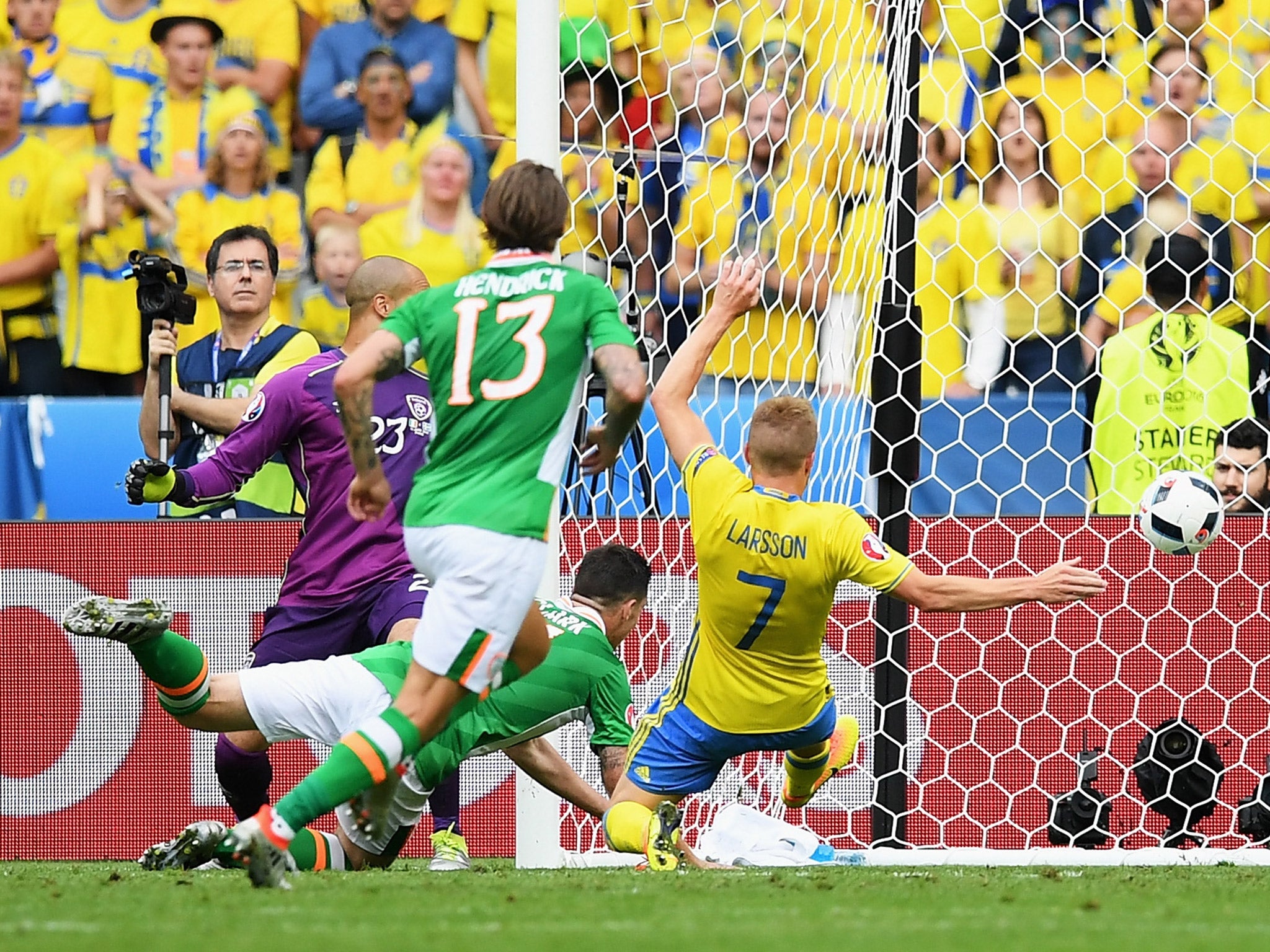 Ciaran Clark heads the ball into his own net as Republic of Ireland concede an equaliser against Sweden