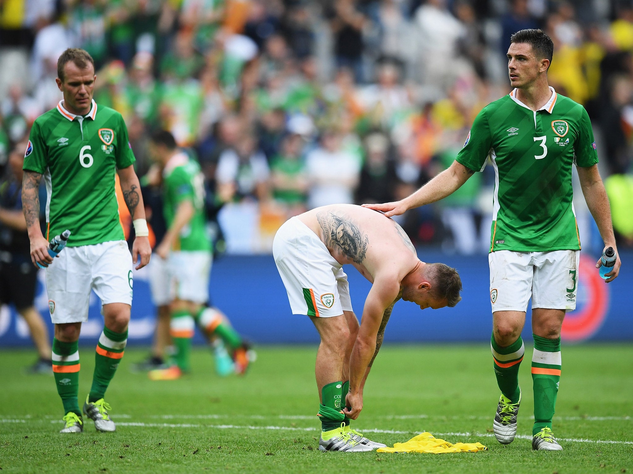 Glenn Whelan, Aidan McGeady and Ciaran Clark react after Republic of Ireland's 1-1 draw with Sweden