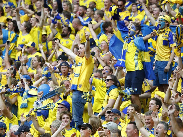 Sweden fans celebrate their first goal against the Republic of Ireland