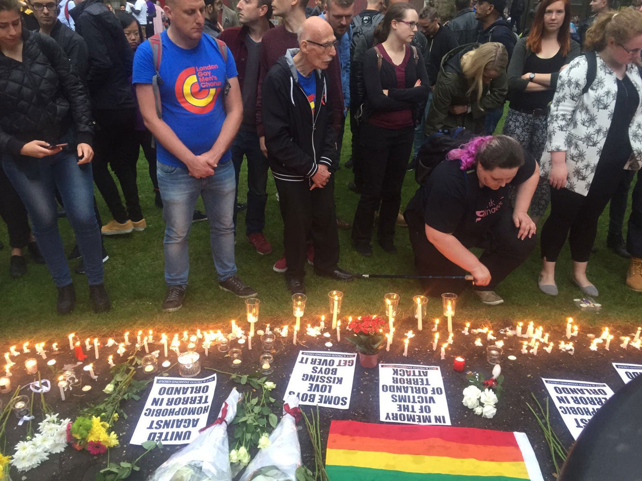 Crowds gathered in Old Compton Street in Soho as a sign of respect for the victims of the Orlando shooting
