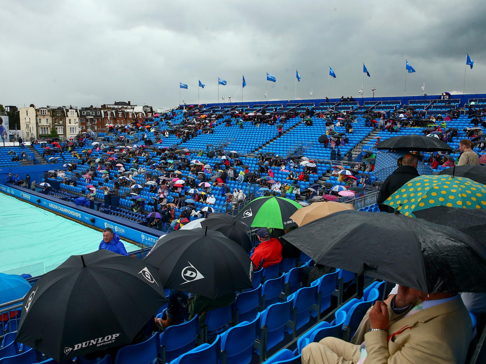 Rain halted play several times on the opening day of the Aegon Championships
