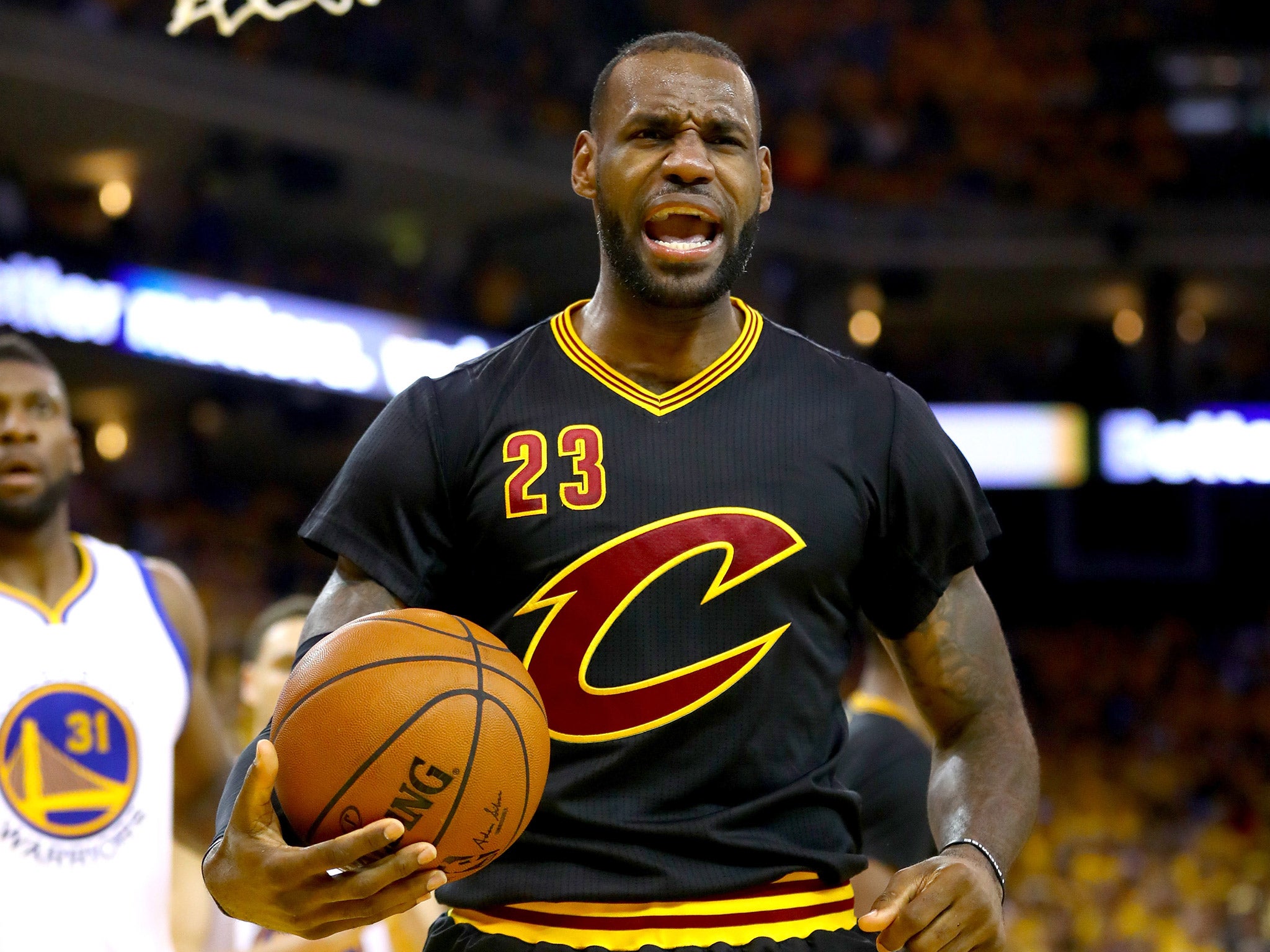 LeBron James celebrates during Cleveland's victory in game five
