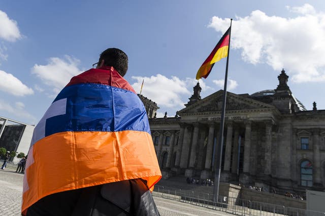 Activists protest outside the Reichstag building while the Bundestag discussed a resolution on the Armenian genocide (file pic)