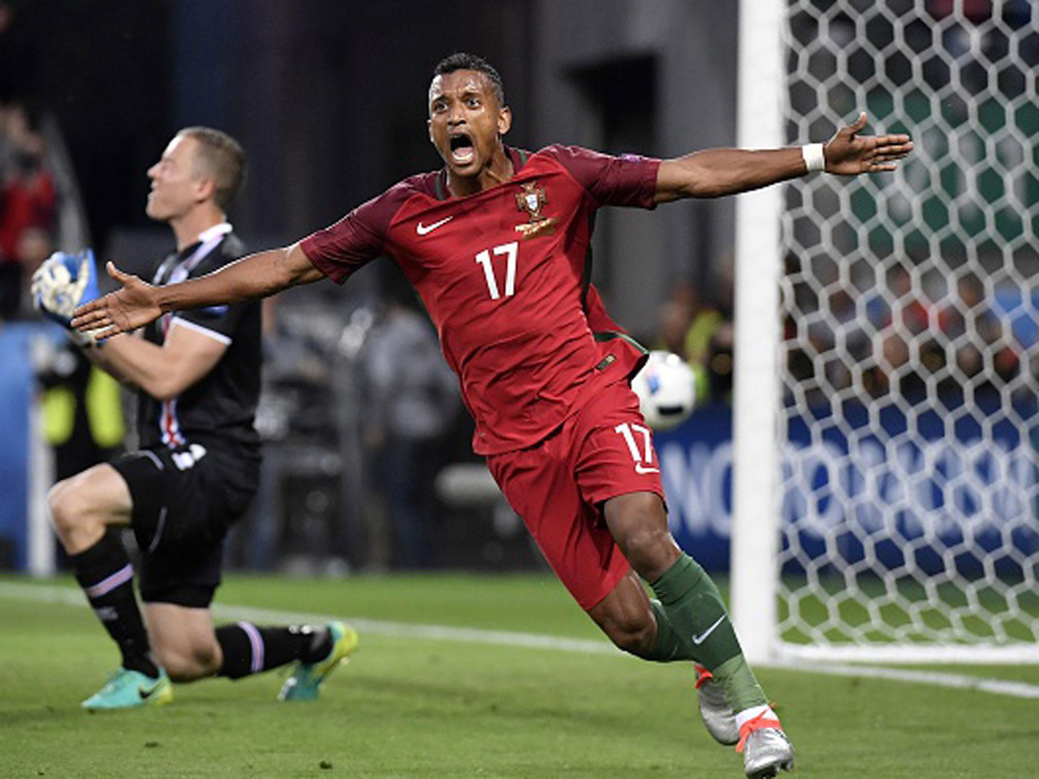 Nani celebrates his first-half opener for Portugal (Getty)