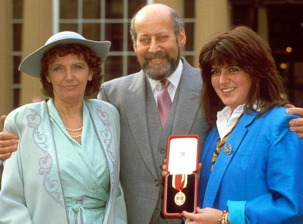 Sir Clement Freud with wife and daughter outside the Buckingham Palace, 1987