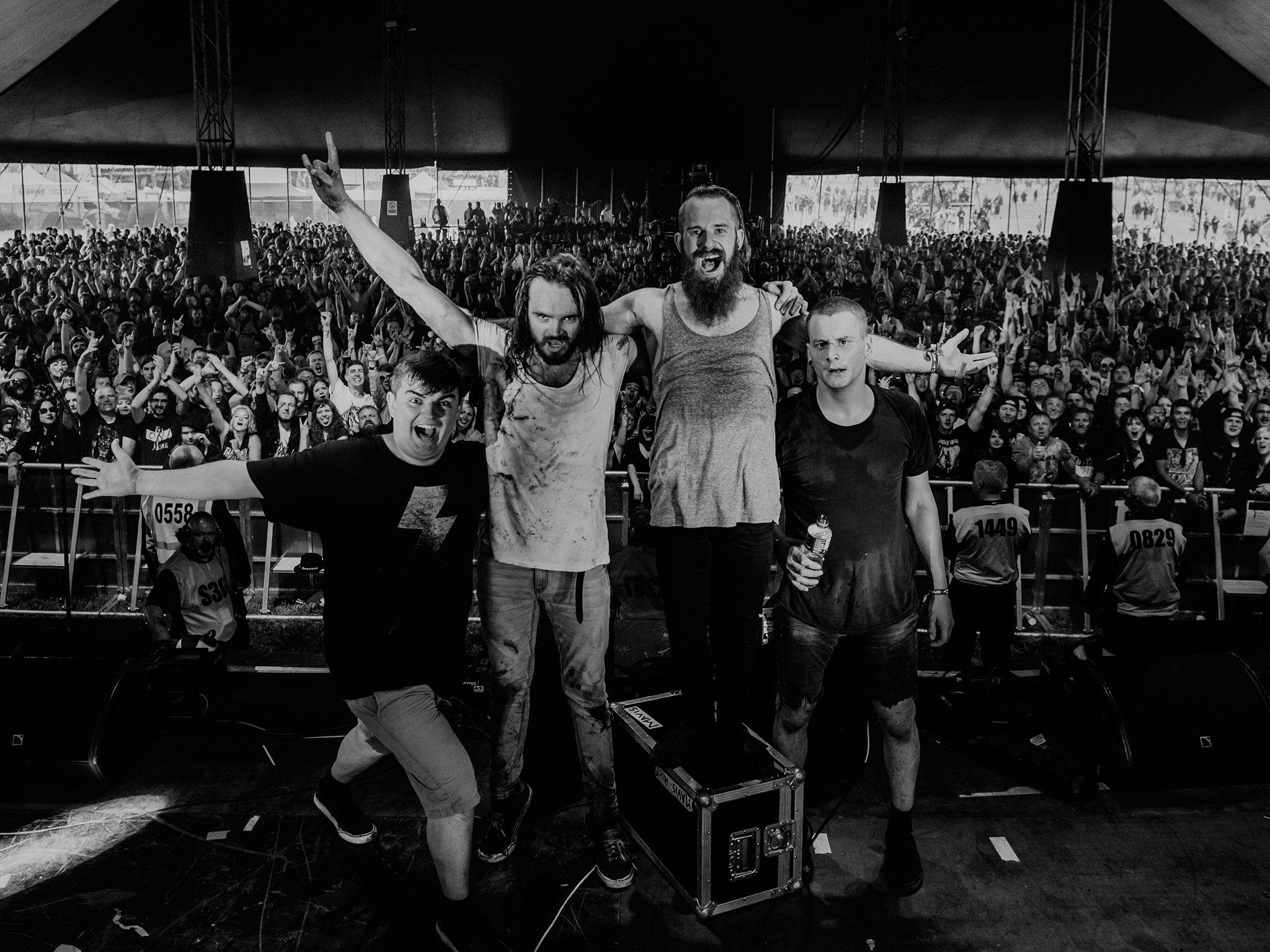 Heck, from left to right, Paul Shelley, Matt Reynolds, Jonny Hall and Tom Marsh, at the end of their triumphant set at Download 2016