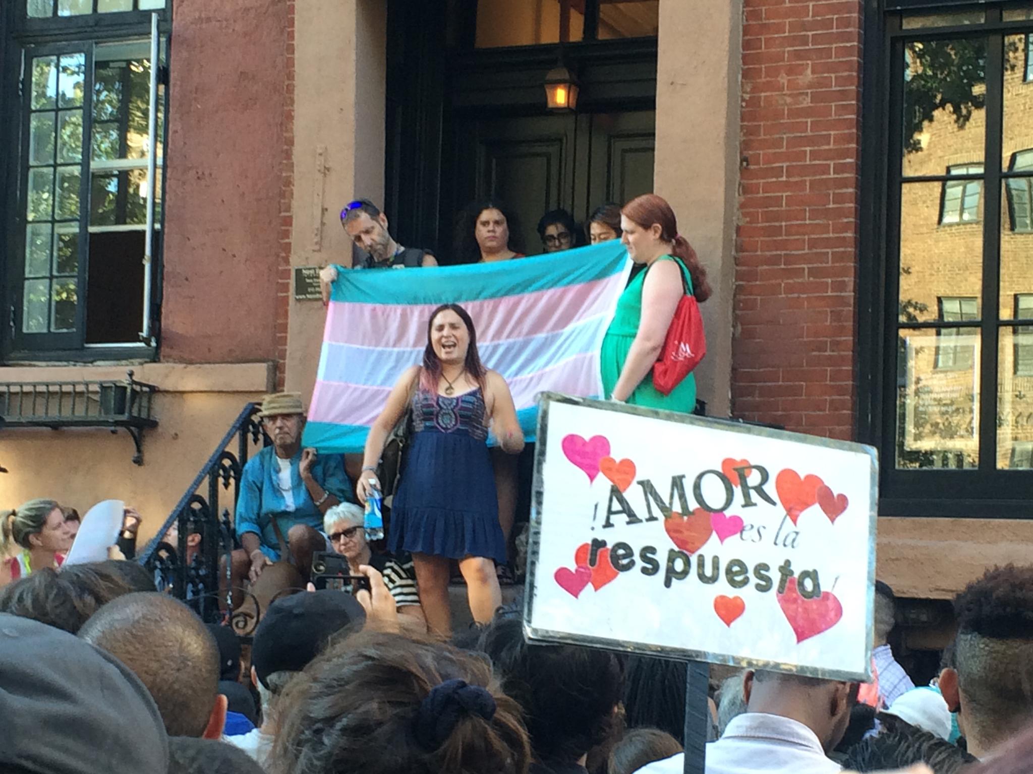 Transgender activists speak at a vigil honouring the victims in Orlando outside of the Stonewall Inn (Feliks Garcia)