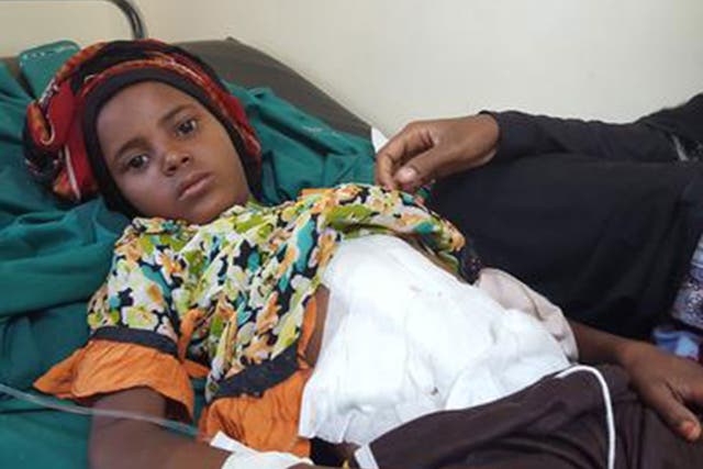 Sunood, 12, years old girl, was collecting water when she was shot in Taiz, Yemen, in April
