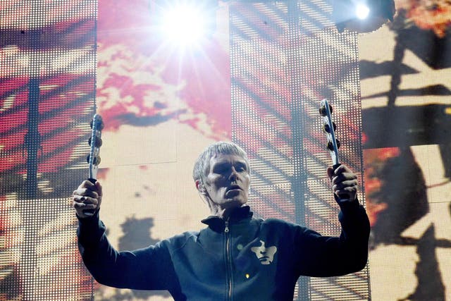 The Stone Roses frontman Ian Brown during the band's homecoming gig at Etihad Stadium
