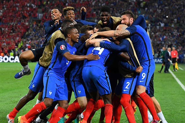 France players celebrate as late goals earned victory over a hard-working Albania on Wednesday in Marseilles (Getty)