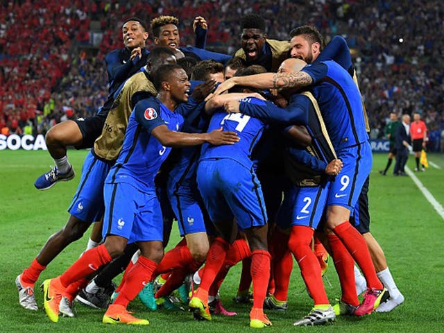 France players celebrate as late goals earned victory over a hard-working Albania on Wednesday in Marseilles (Getty)