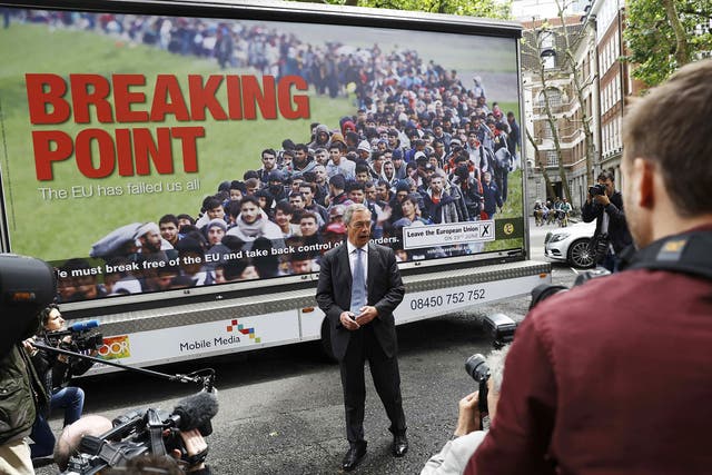 Ukip leader Nigel Farage poses during a media launch for an EU referendum poster in London, Britain June 16, 2016