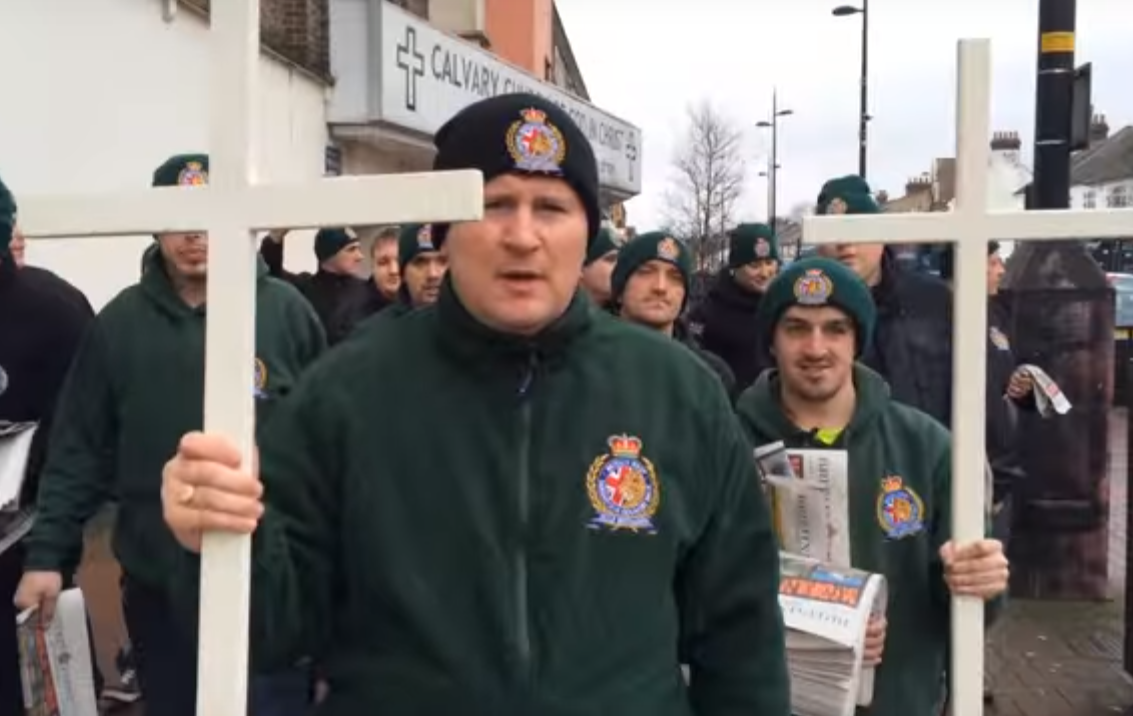 Members of Britain First during one of the group's 'Christian Patrols' through Luton