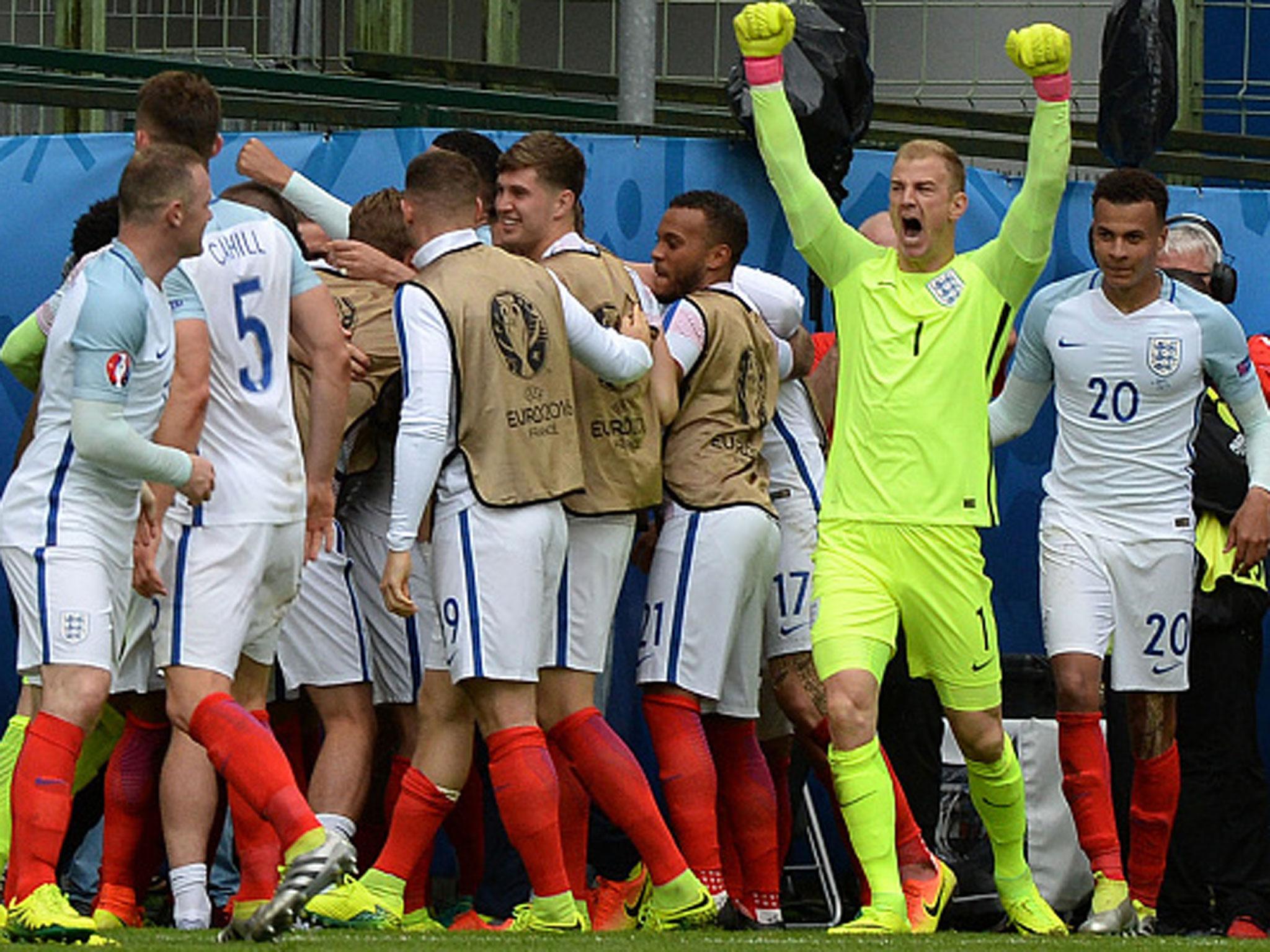 Joe Hart leads the celebrations as England secure victory through Daniel Sturridge's late winner (Getty)