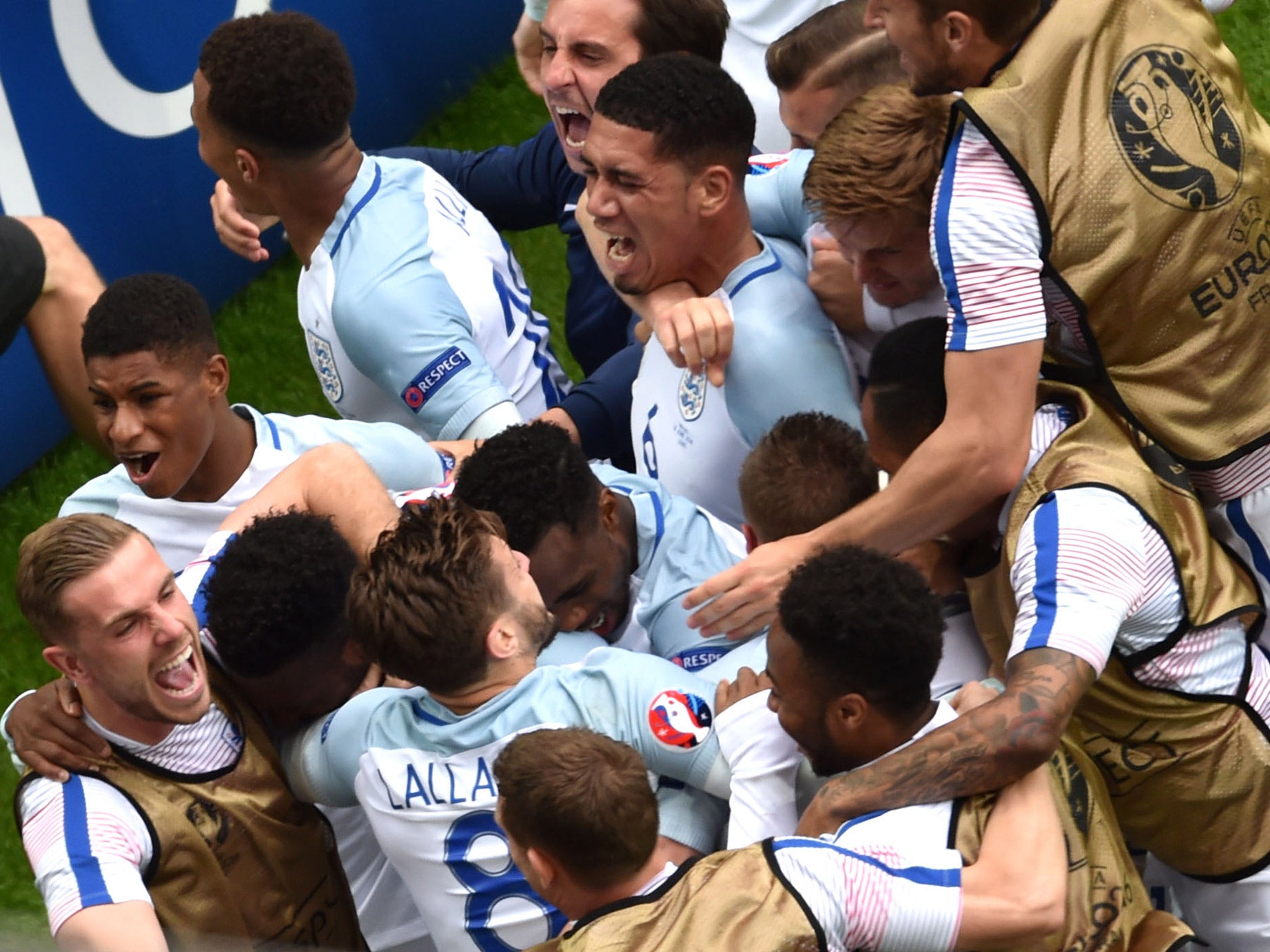 Gary Neville (top) joined in as England celebrated Daniel Sturridge's winning goal