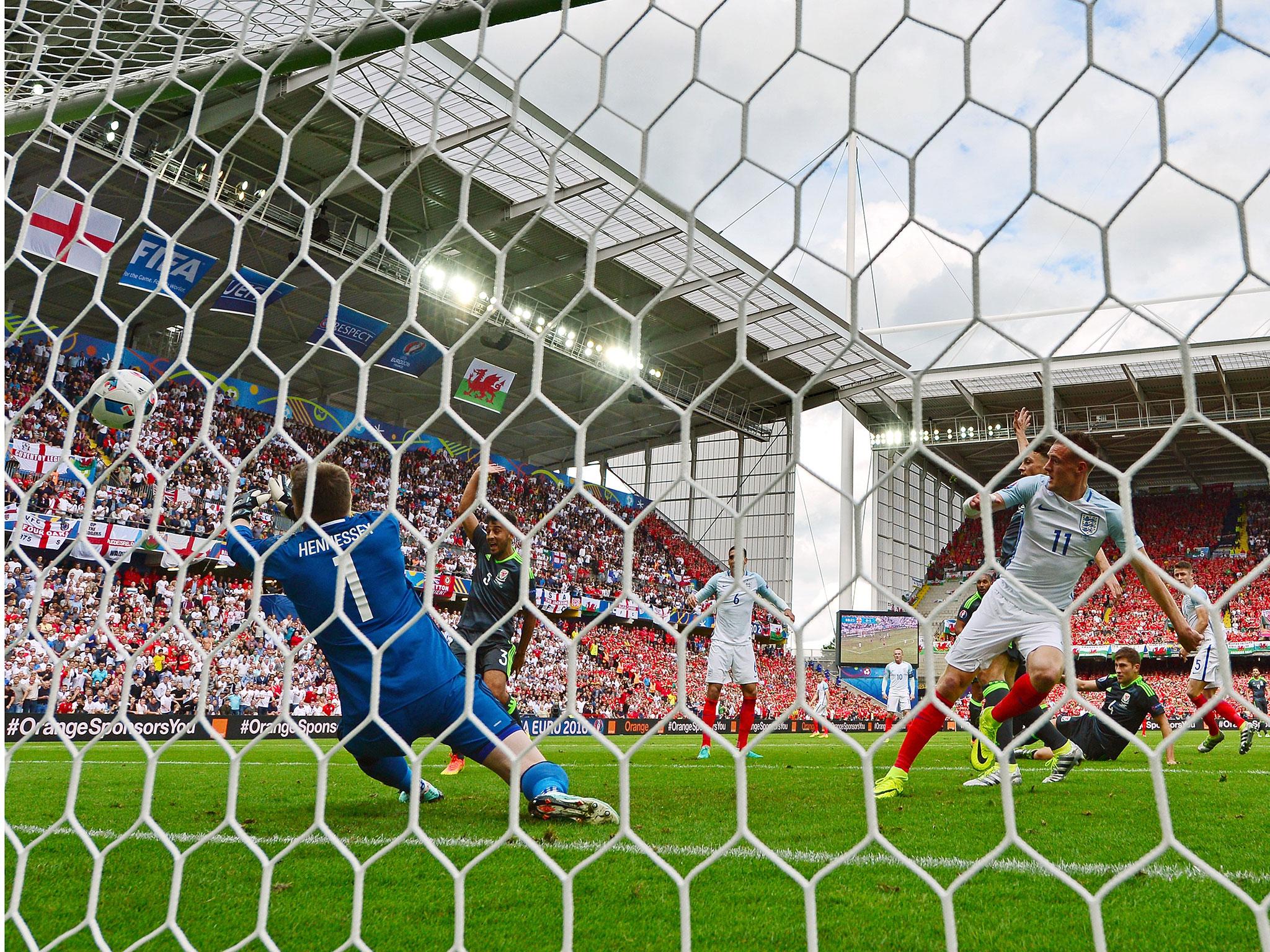 Jamie Vardy scores England's equaliser against Wales in Lens