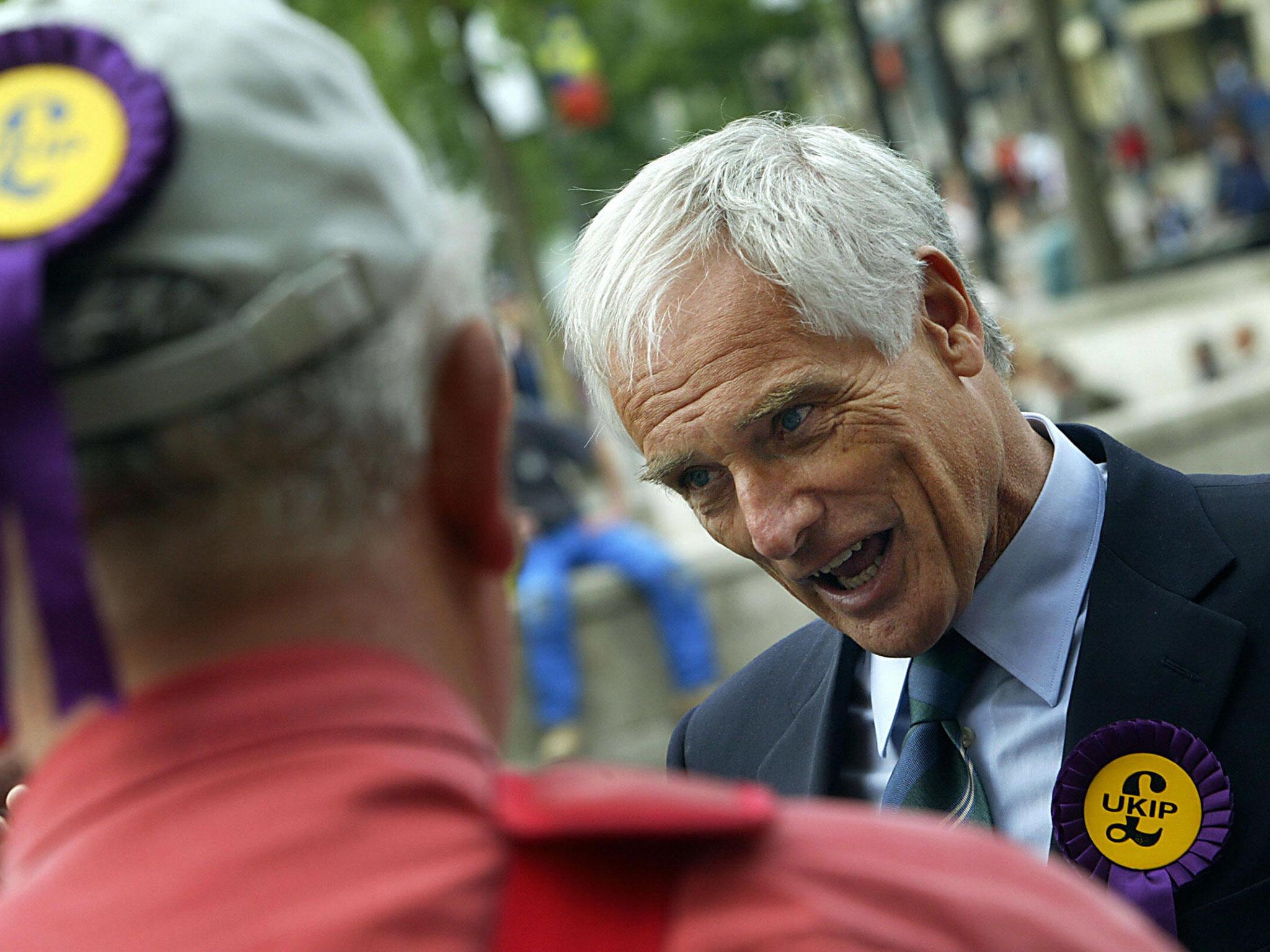 Chatshow host turned politician Robert Kilroy-Silk, once a front runner for UKIP, addresses supporters on the campaign trail in 2004.