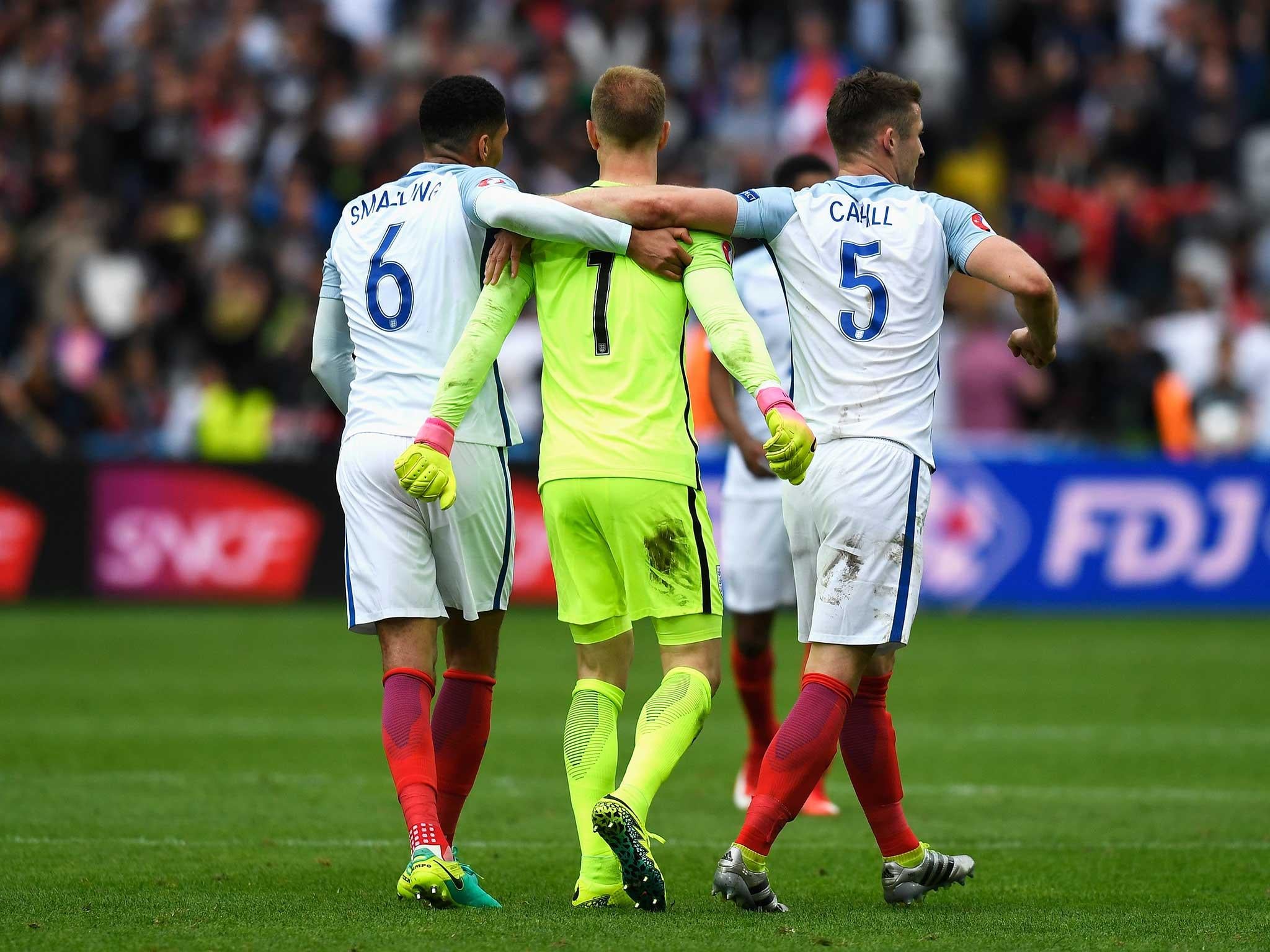 Chris Smalling, Joe Hart and Gary Cahill celebrate England's win