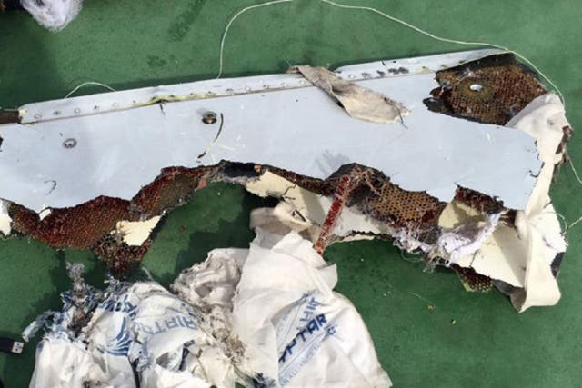 This photograph from 21 May shows debris that the search teams found in the sea after the EgyptAir Airbus A320 crashed in the Mediterranean AFP/Getty