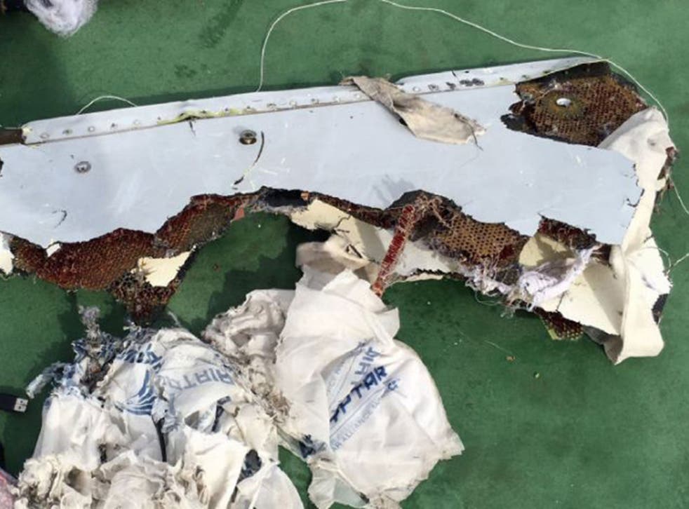 This photograph from 21 May shows debris that the search teams found in the sea after the EgyptAir Airbus A320 crashed in the Mediterranean AFP/Getty