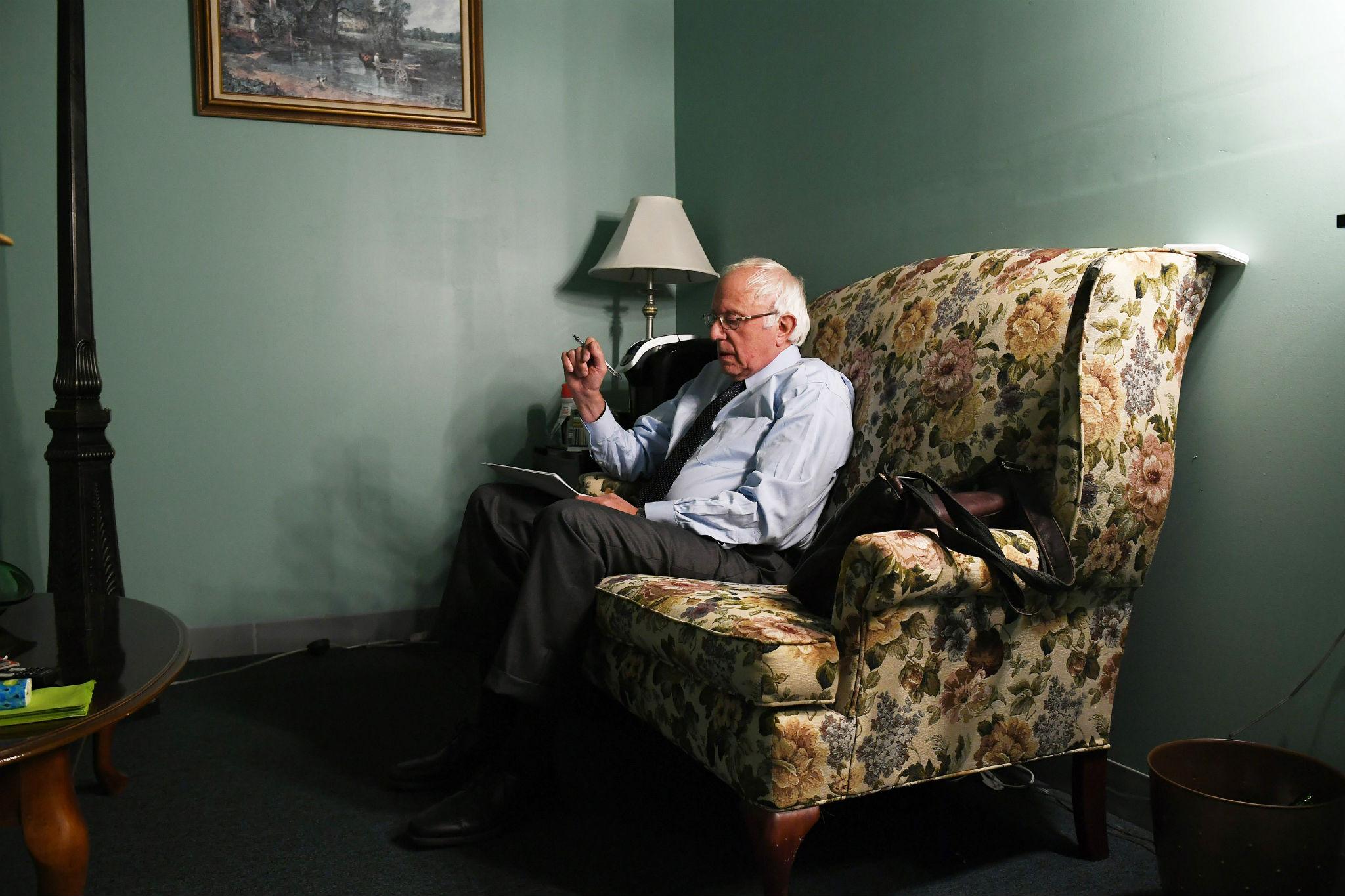 Senator Bernie Sanders prepares to address supporters in a live streamed video from his hometown of Burlington, Vermont