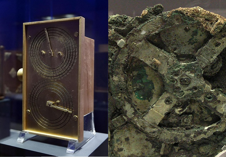 The Antikythera Mechanism: a reconstruction (left) and a fragment of the original