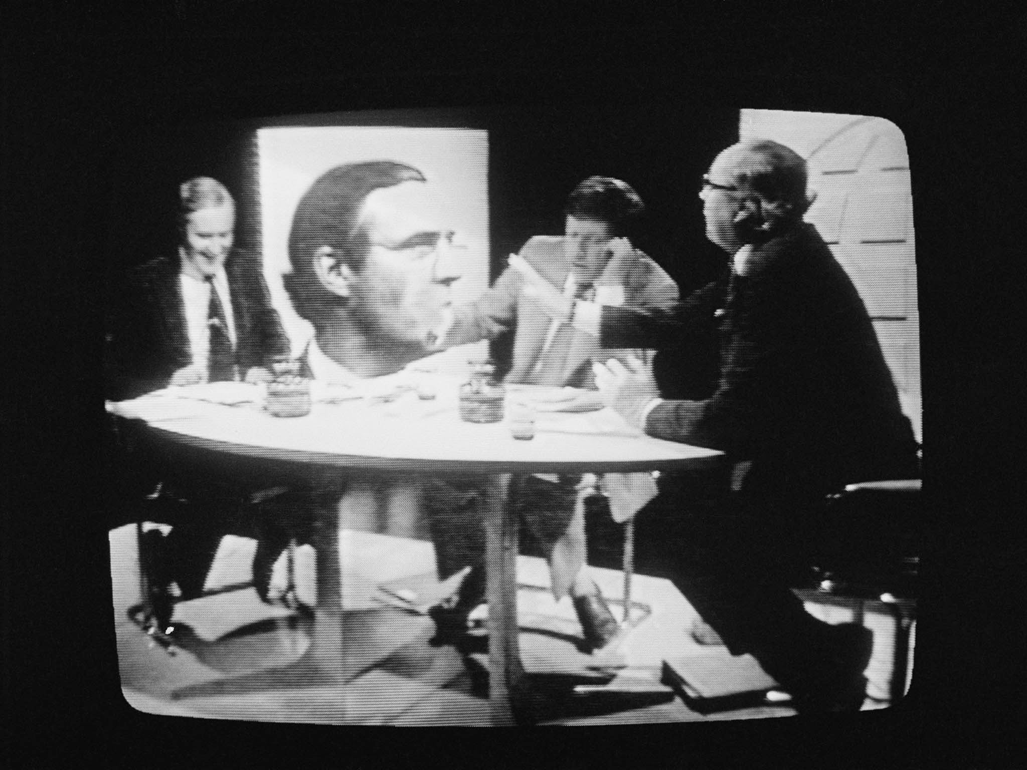 David Dimbleby adjudicates as Tony Benn (left) and Roy Jenkins (right) debate about the European Economic Community on a 1975 BBC ‘Panorama’ referendum special