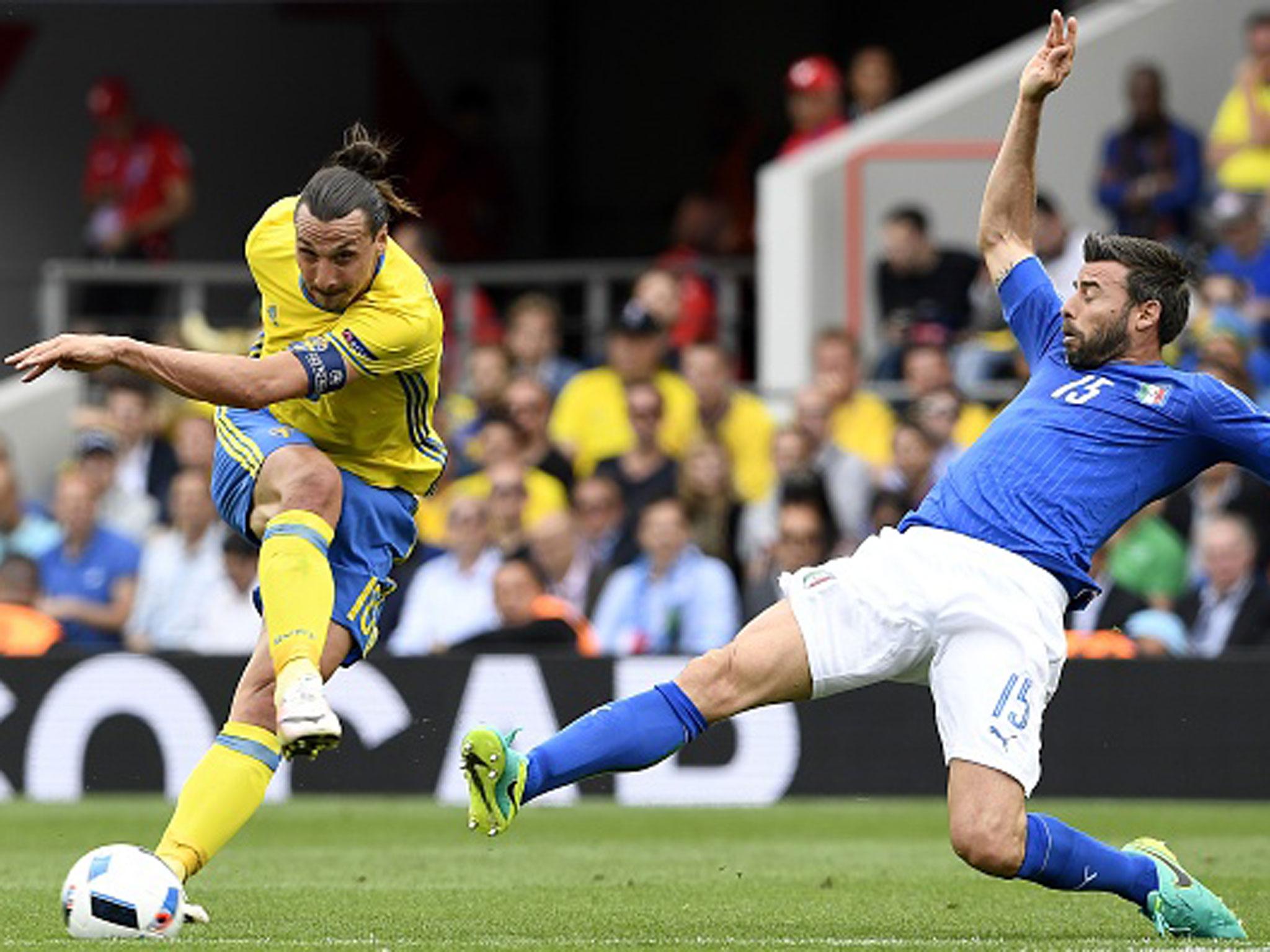 Zlatan Ibrahimovic fires in a shot against Italy in Toulouse (Getty)