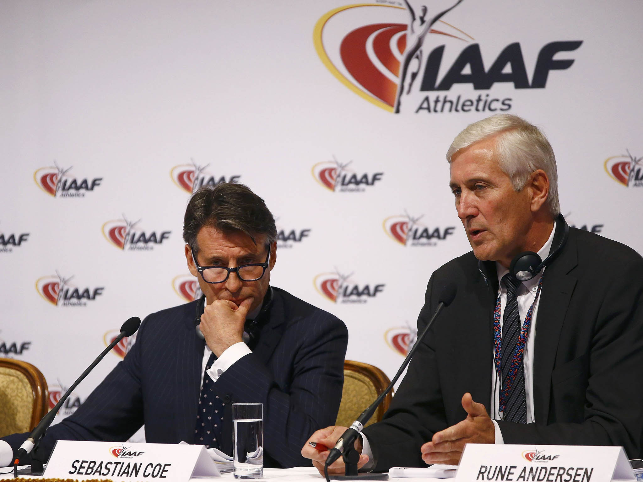 IAAF President Sebastian Coe (L) and Rune Andersen, head of the IAAF taskforce on Russia attend a news conference after the International Association of Athletics Federations