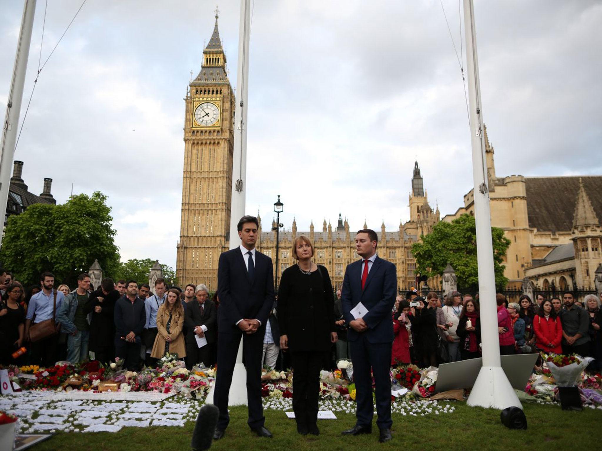 Former Labour Leader Ed Miliband, former deputy Leader of the Labour Party Harriet Harman and Labour MP for Ilford North Wes Streeting attend a vigil in memory of Labour MP Jo Cox on Parliament Square
